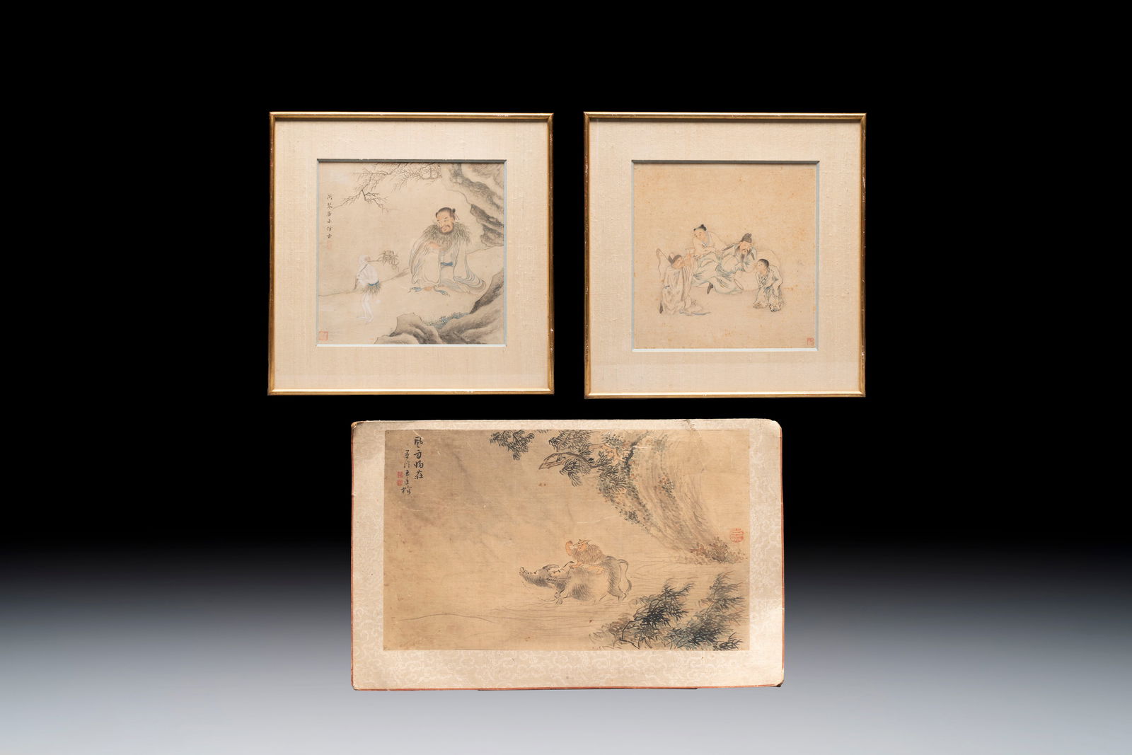 Three Chinese school paintings, ink and colour on silk and paper, signed Cui Feng, Wang Tingrong, (1 of 7)