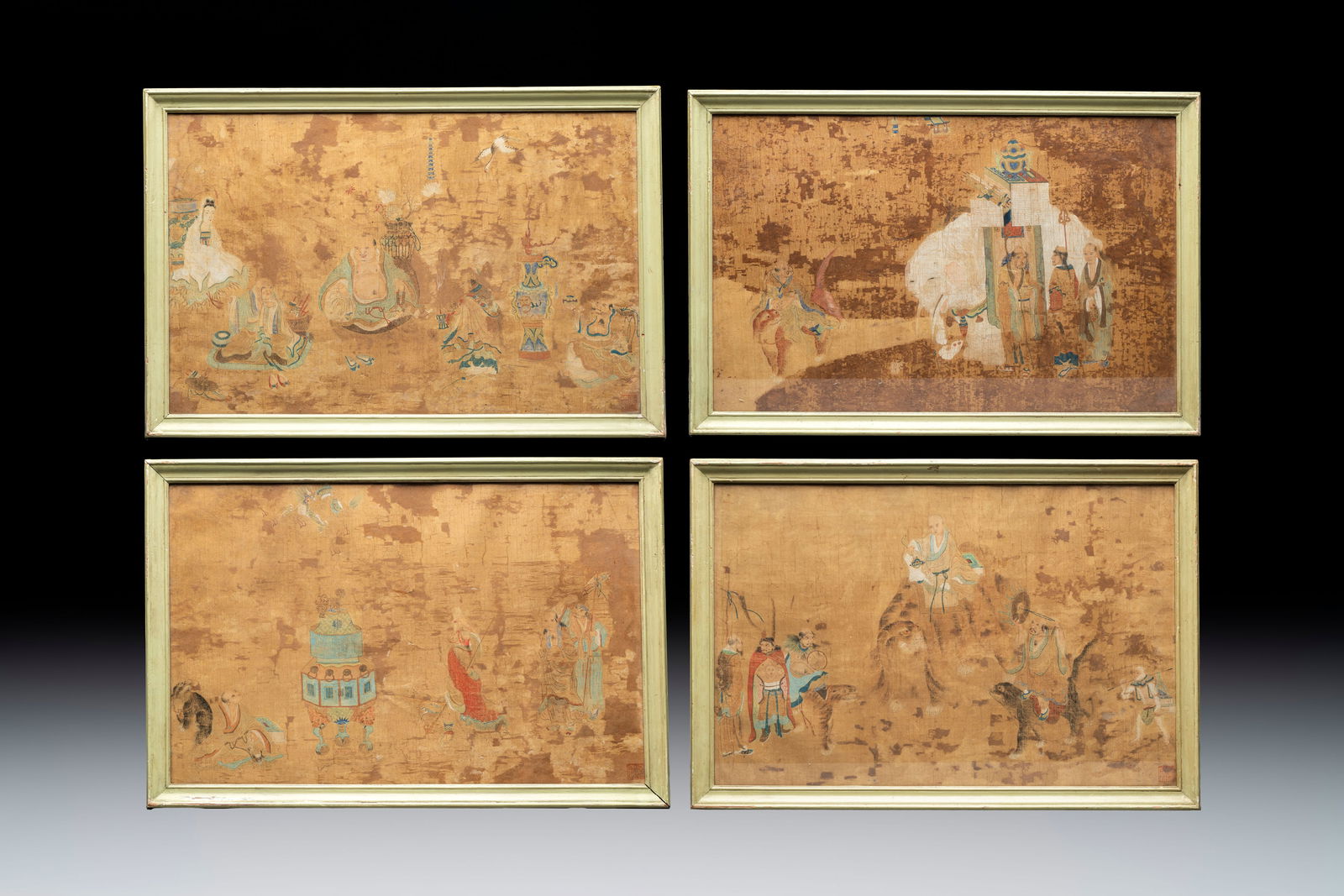 Chinese school: four paintings with Buddhist narratives, ink and colour on silk, Qing (1 of 9)
