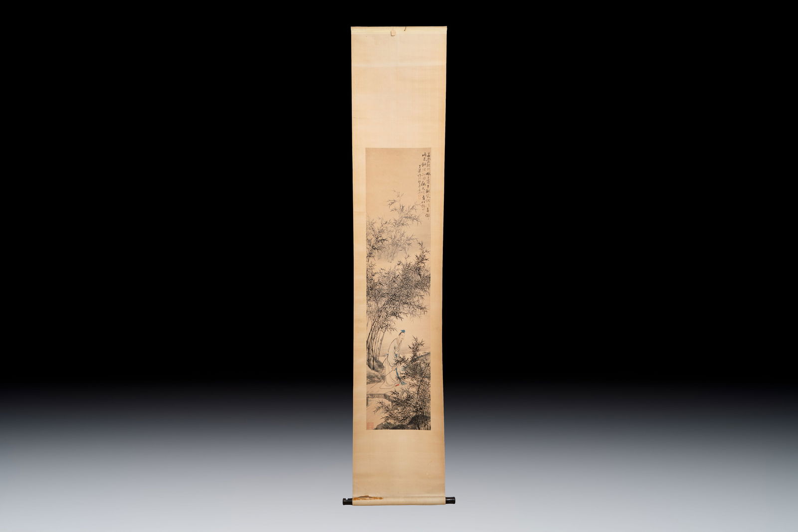 Bao Dong (19th C.): 'Sage among Bamboo', ink and colour on paper, Daoguang/Tongzhi (1 of 3)