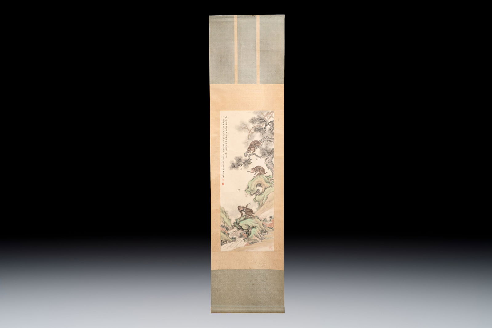 Cai Xian (1897-1960): 'Playful Monkeys', ink and colour on paper, dated 1925: Cai Xian (1897-1960): 'Playful Monkeys', ink and colour on paper, dated 1925 Dim.: 210 x 53 cm (the mount) Dim.: 101 x 38,5 cm (the work)