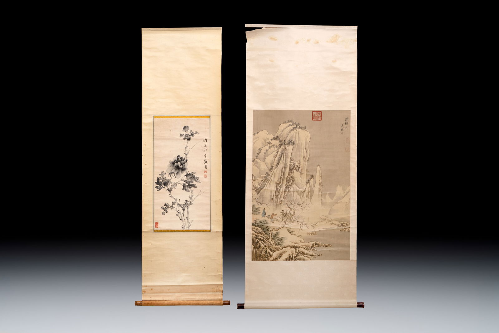 Chinese school: 'Peony' and 'Snowscape', ink and colour on paper and silk, signed Shao Chongwei and (1 of 6)