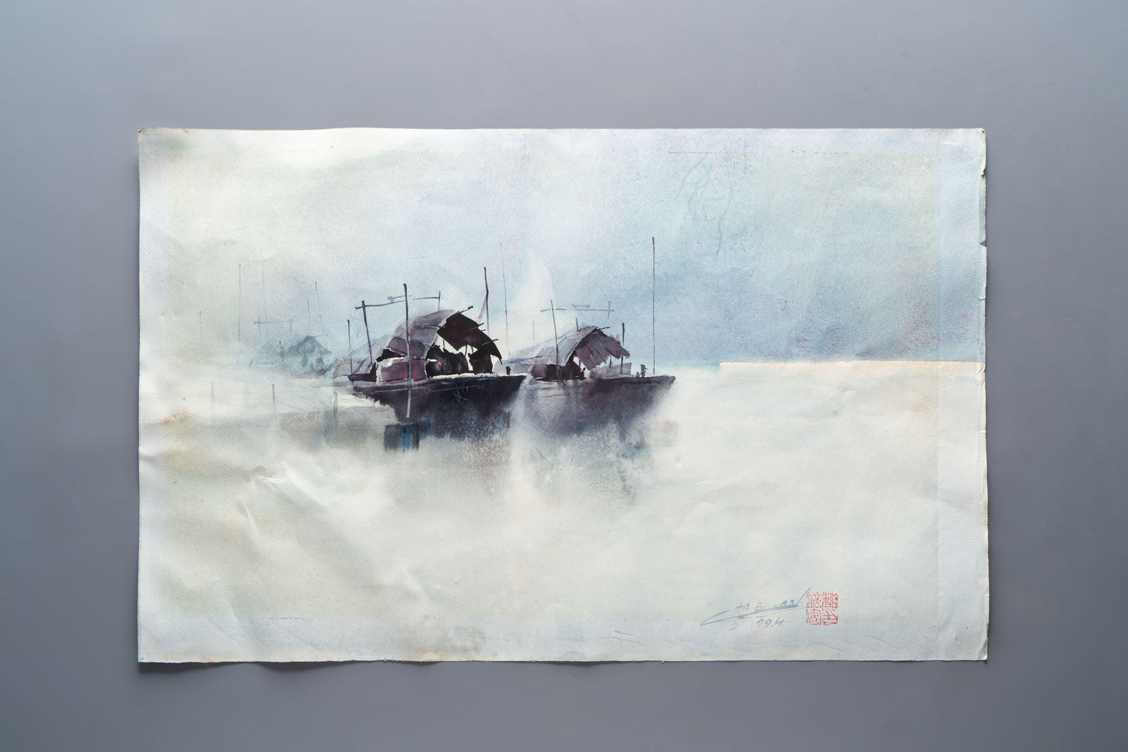 Cao Beian (b. 1957): 'Sampan Boats', ink and watercolour on paper, dated February 1994. (1 of 2)