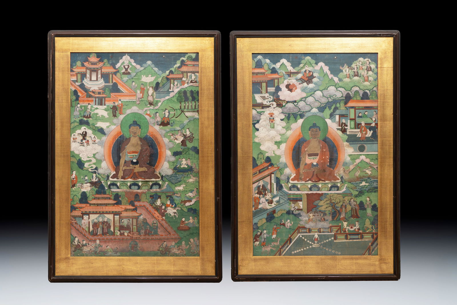 Two Sino-Tibetan thangkas depicting the life of Buddha Shakyamuni, 19th C. (1 of 2)
