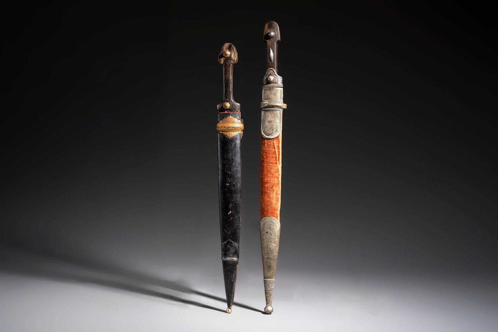 Two Caucasian Kindjal daggers with horn hilts, one with a gilt-iron-mounted leather scabbard and one (1 of 13)