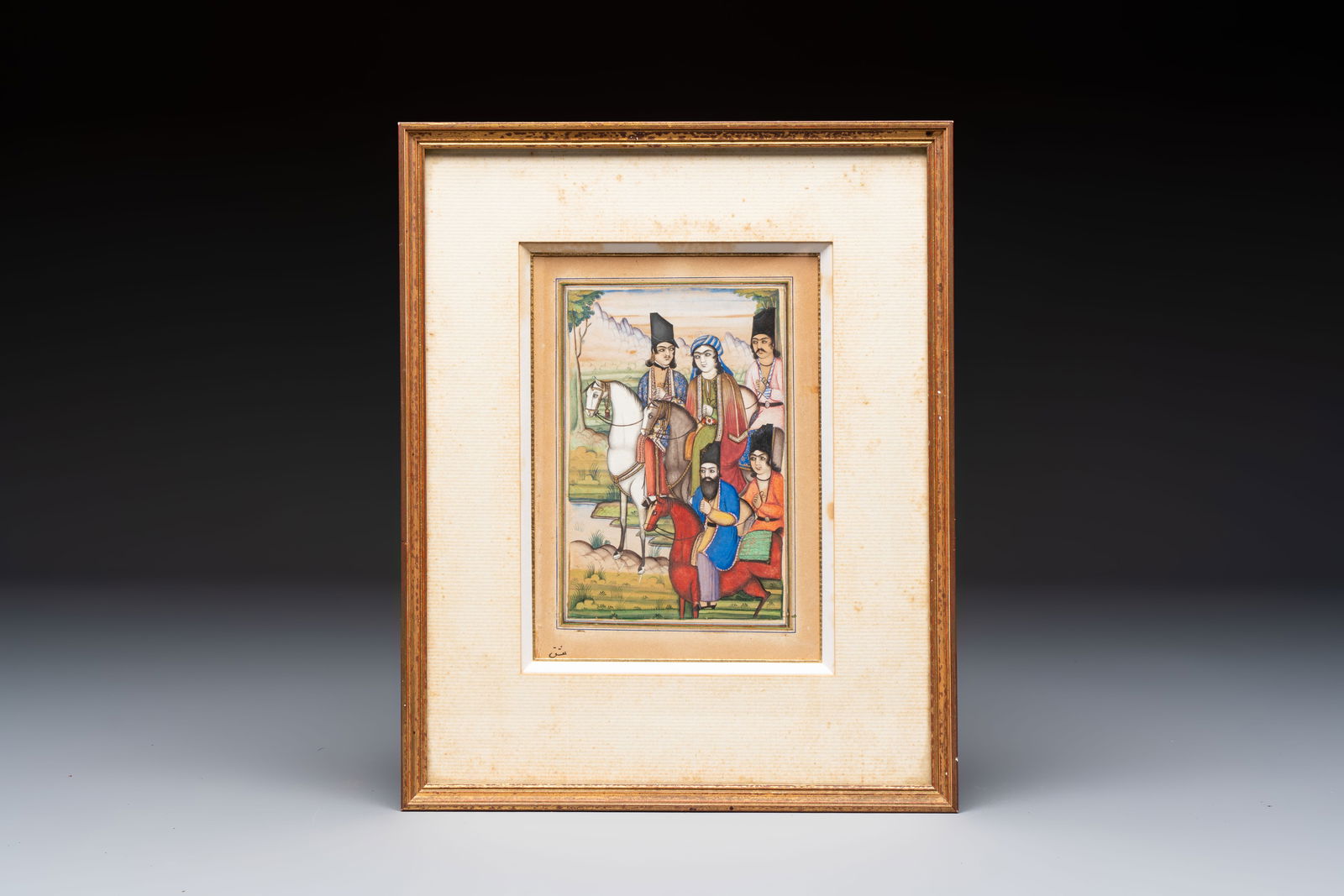 A Persian miniature painting: 'Prince and Attendants on Horseback', gouache on paper, Qajar, 19th C. (1 of 2)