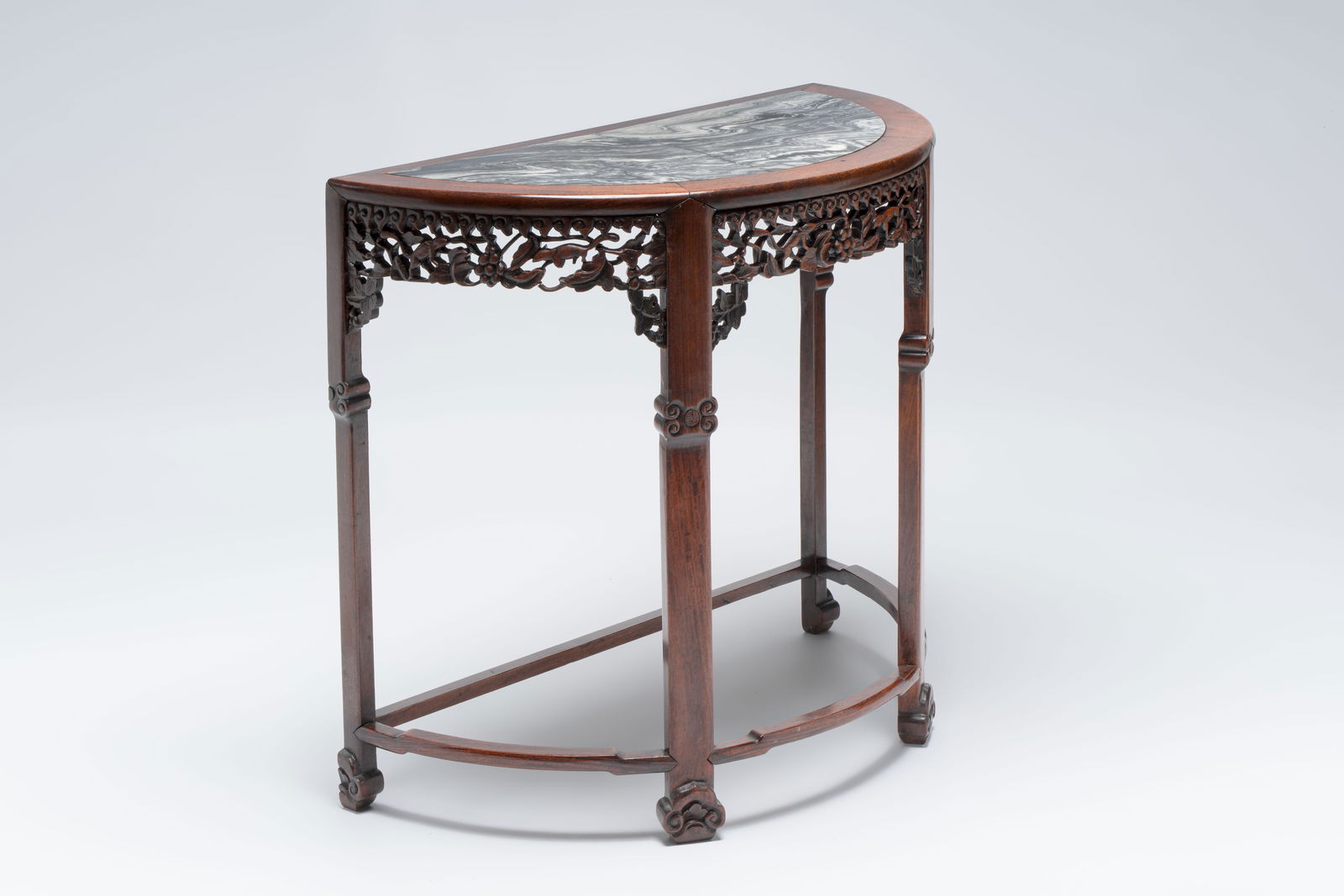 A fine Chinese marble-topped hongmu demi-lune console table, 19th C. (1 of 7)