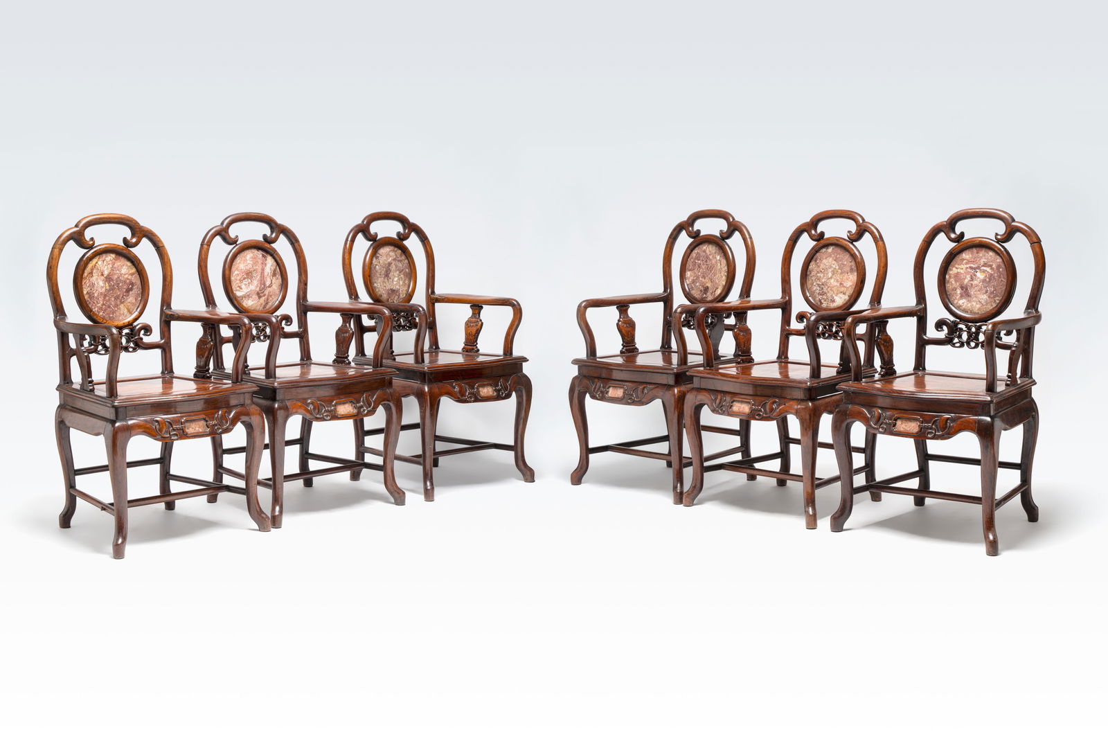 A set of six fine Chinese marble-inset hongmu chairs, 19th C. (1 of 20)