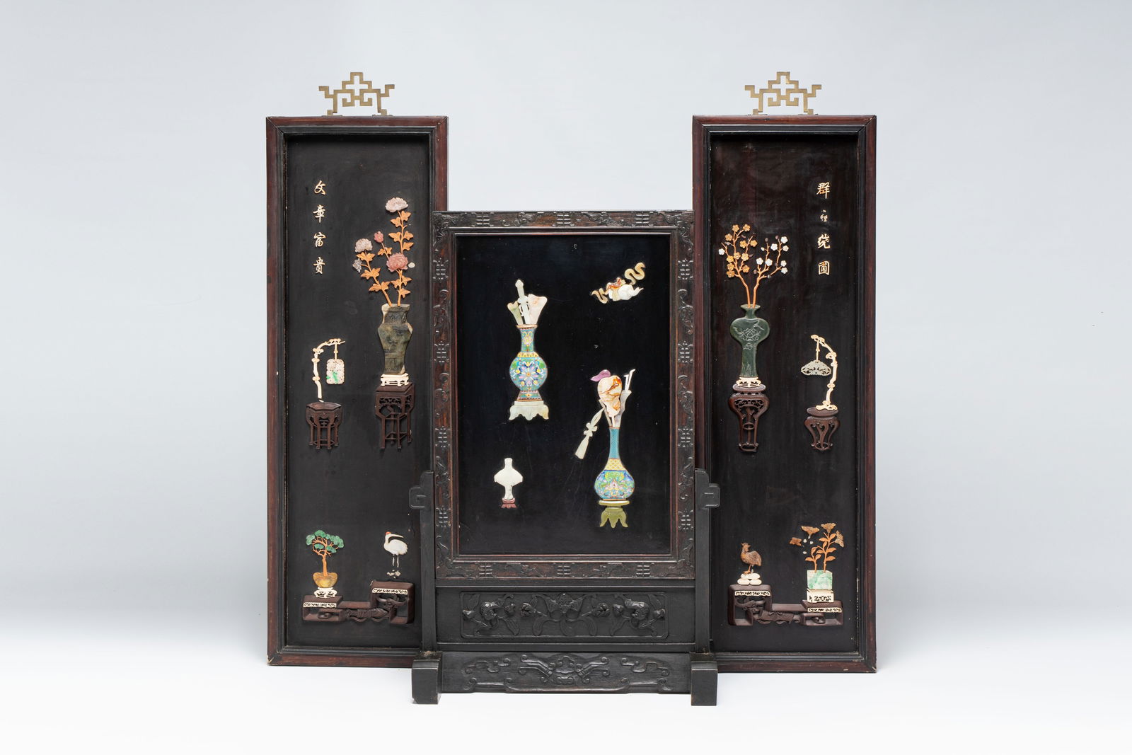 A Chinese lacquered wooden table screen with jade and cloisonné, and a pair of wall panels (1 of 6)