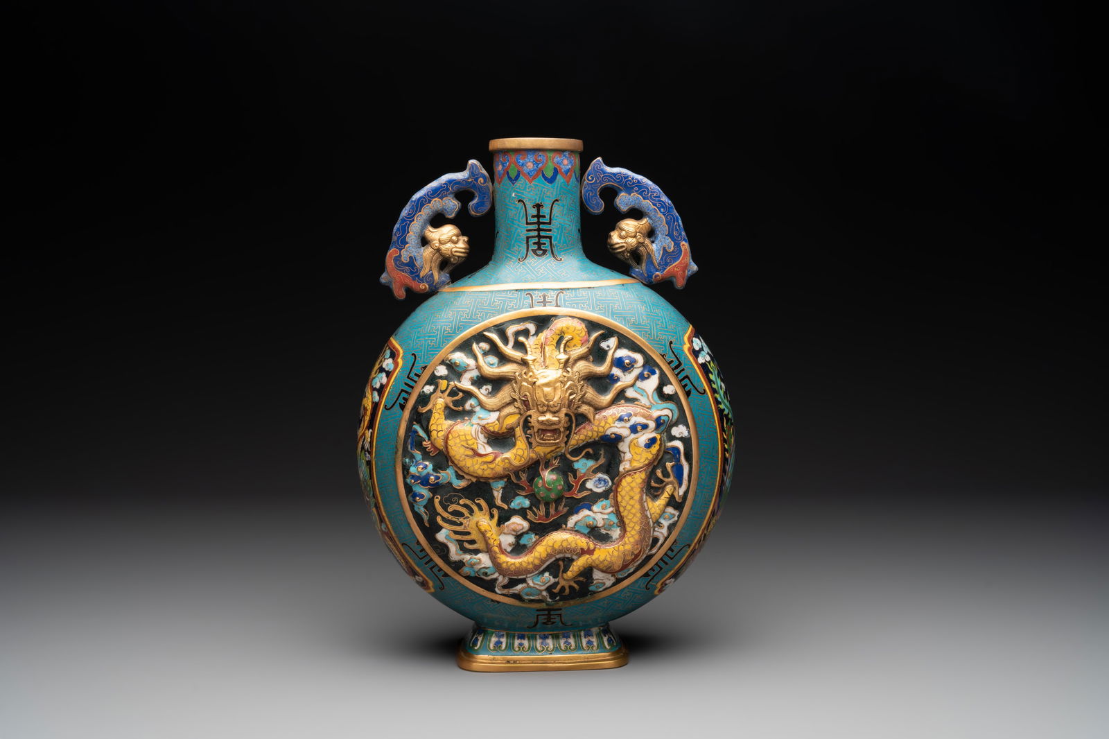 A Chinese cloisonné 'dragon and phoenix' moonflask vase, 'bianhu', 19/20th C (1 of 7)