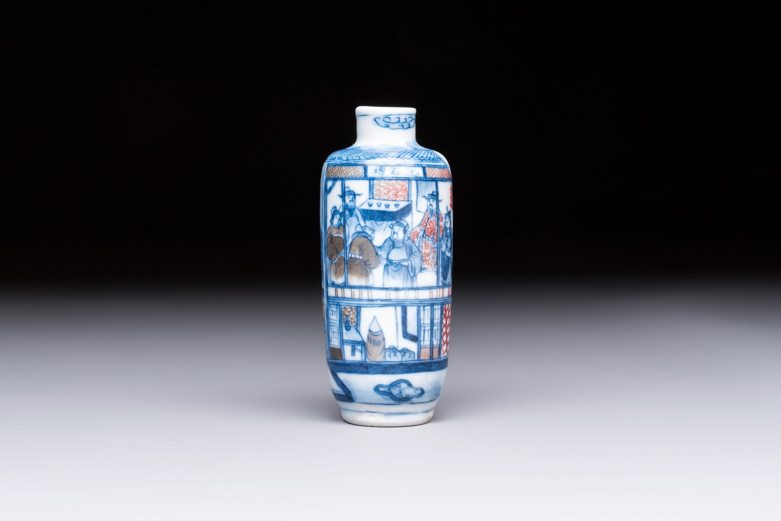 A fine Chinese blue, white and copper-red 'Yu Lou Fu Zhao' snuff bottle, 19th C. (1 of 6)