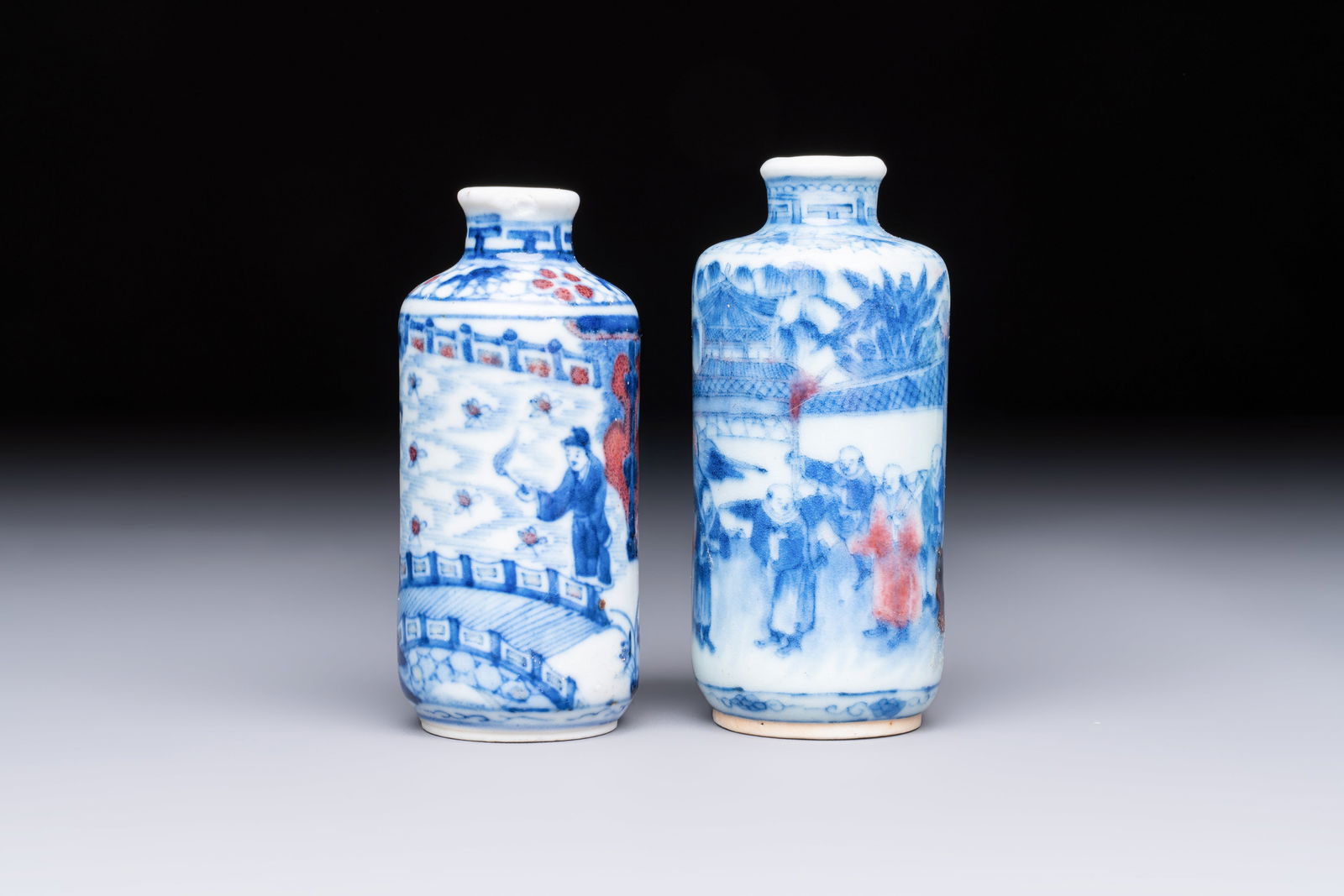 Two Chinese blue, white and copper-red snuff bottles with narrative design, Yongzheng and flower (1 of 6)