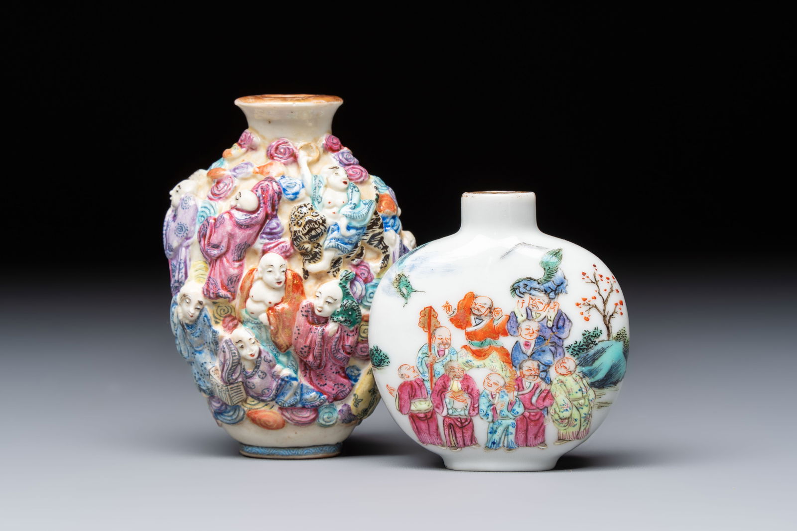 Two Chinese famille rose '18 Luohan' snuff bottles, Qianlong and Daoguang marks, 19th C. (1 of 7)