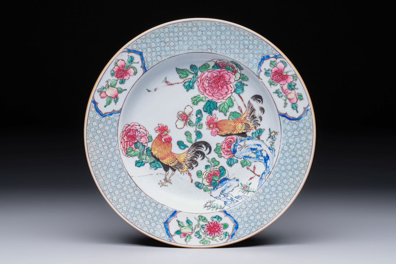 A fine Chinese famille rose 'Roosters' plate, Yongzheng (1 of 2)