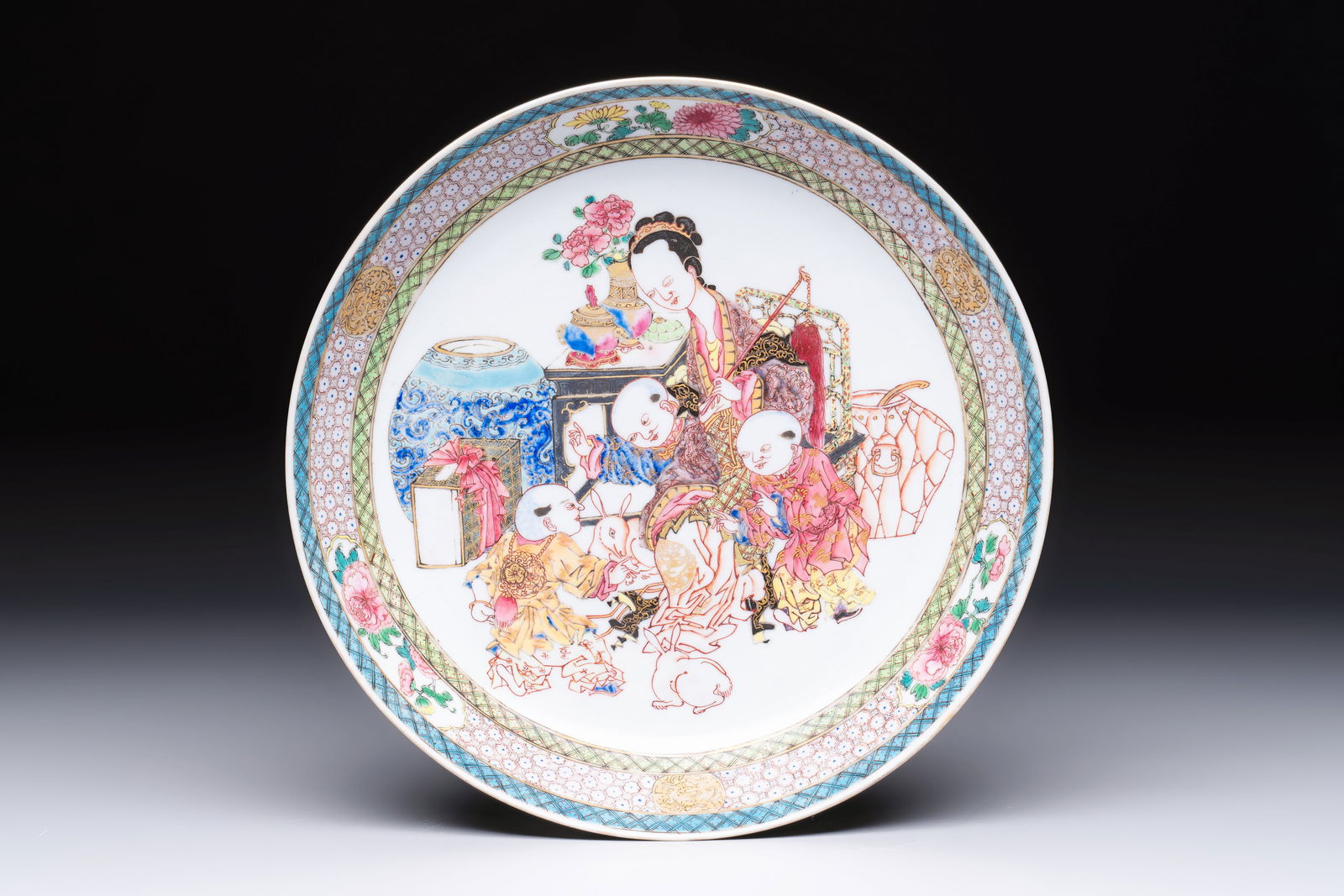 A fine Chinese famille rose eggshell plate with a lady and playing boys, Yongzheng (1 of 3)