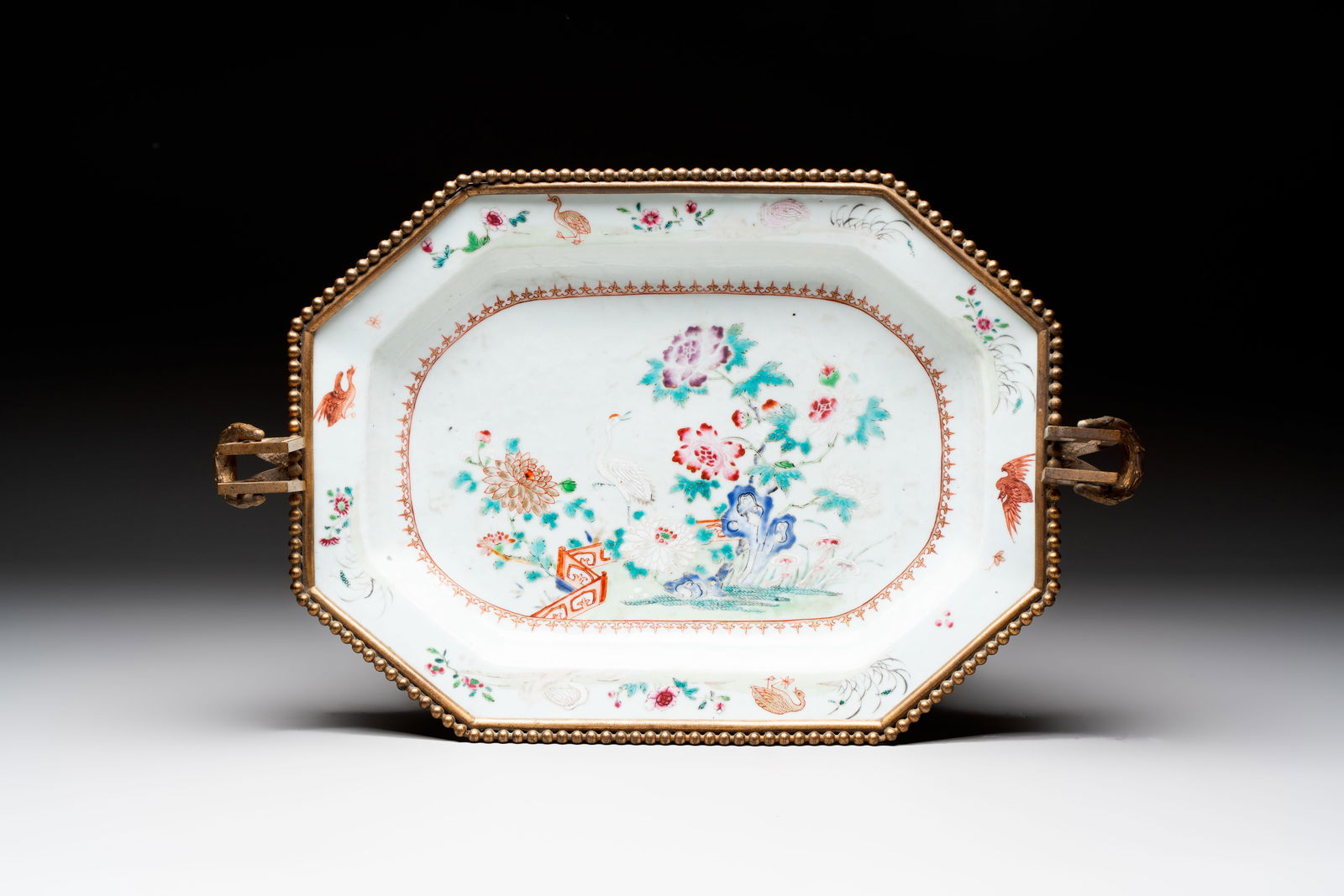 A Chinese famille rose octagonal 'Crane among Flowering Branches' dish with bronze mount, Qianlong (1 of 7)