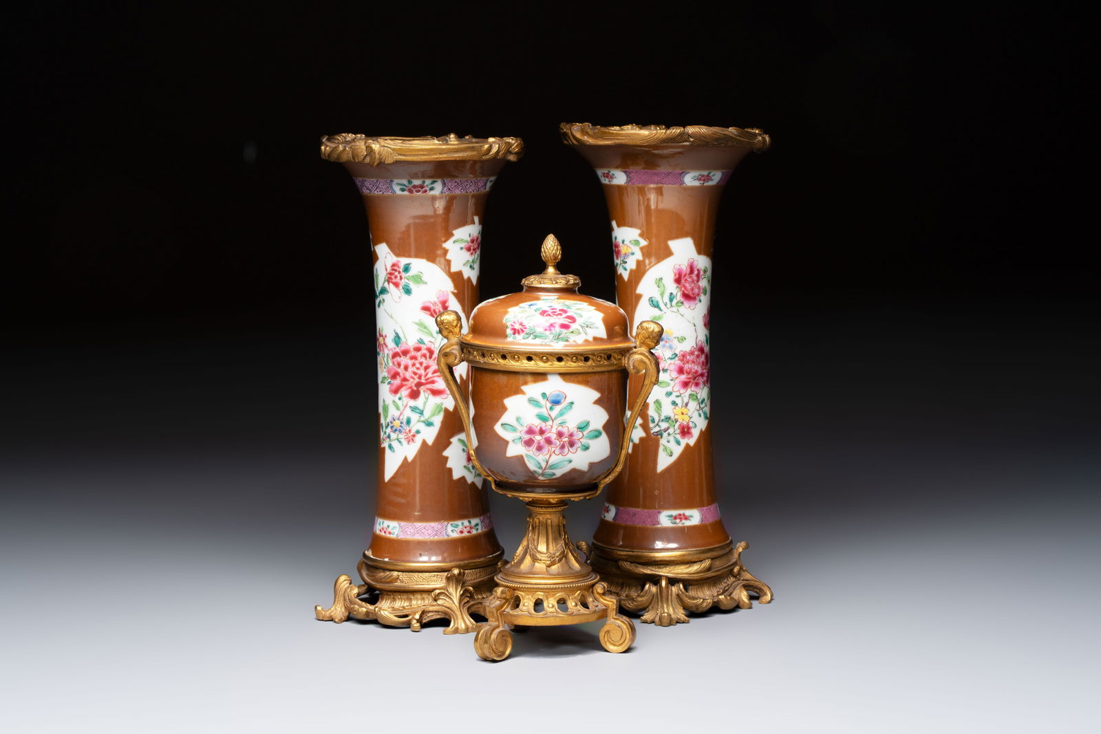 A pair of gilt-bronze-mounted Chinese famille rose capucine-ground vases and a covered bowl, (1 of 13)