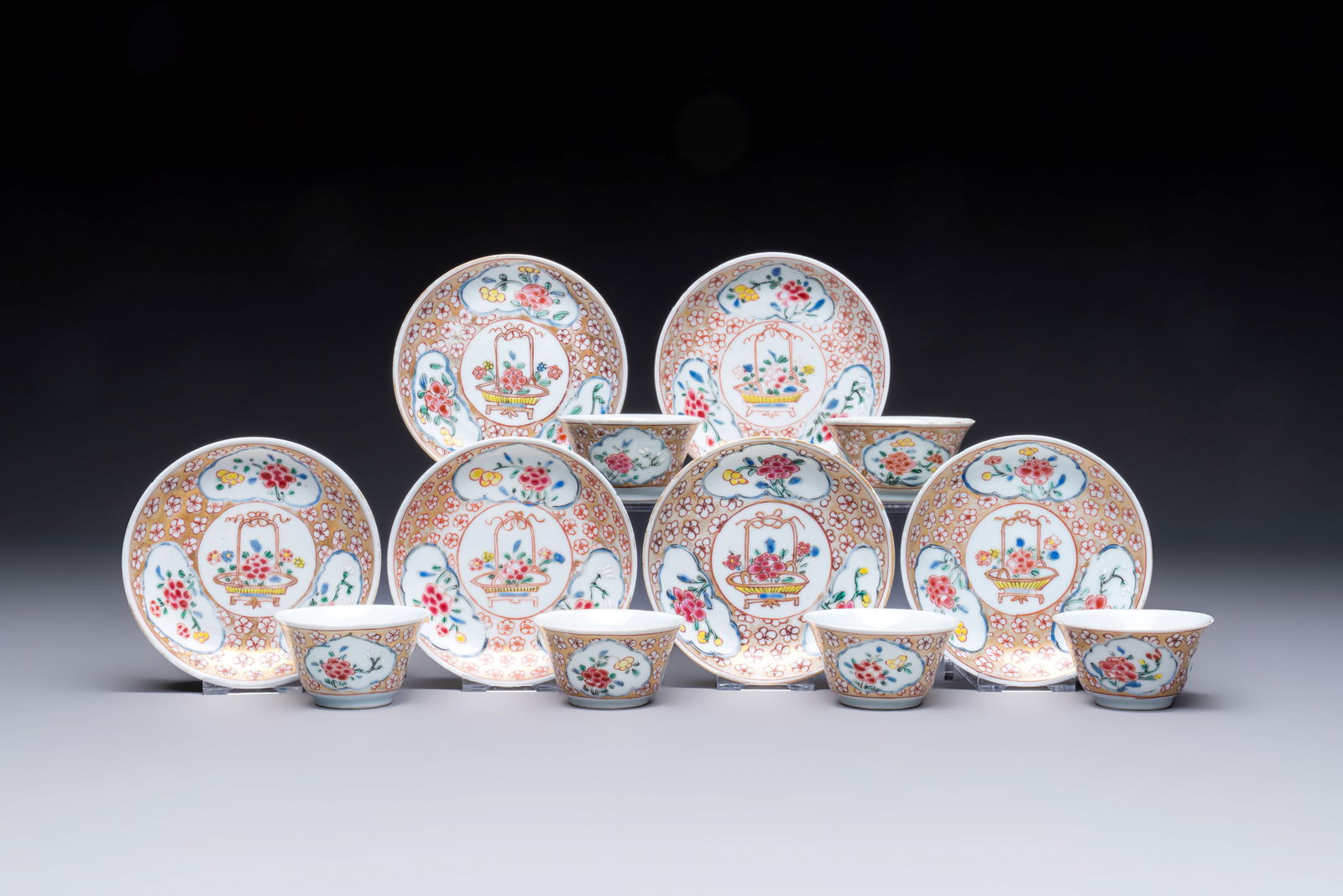 Six Chinese famille rose gilt-decorated 'Flower Basket' cups and saucers, Yongzheng/Qianlong (1 of 11)