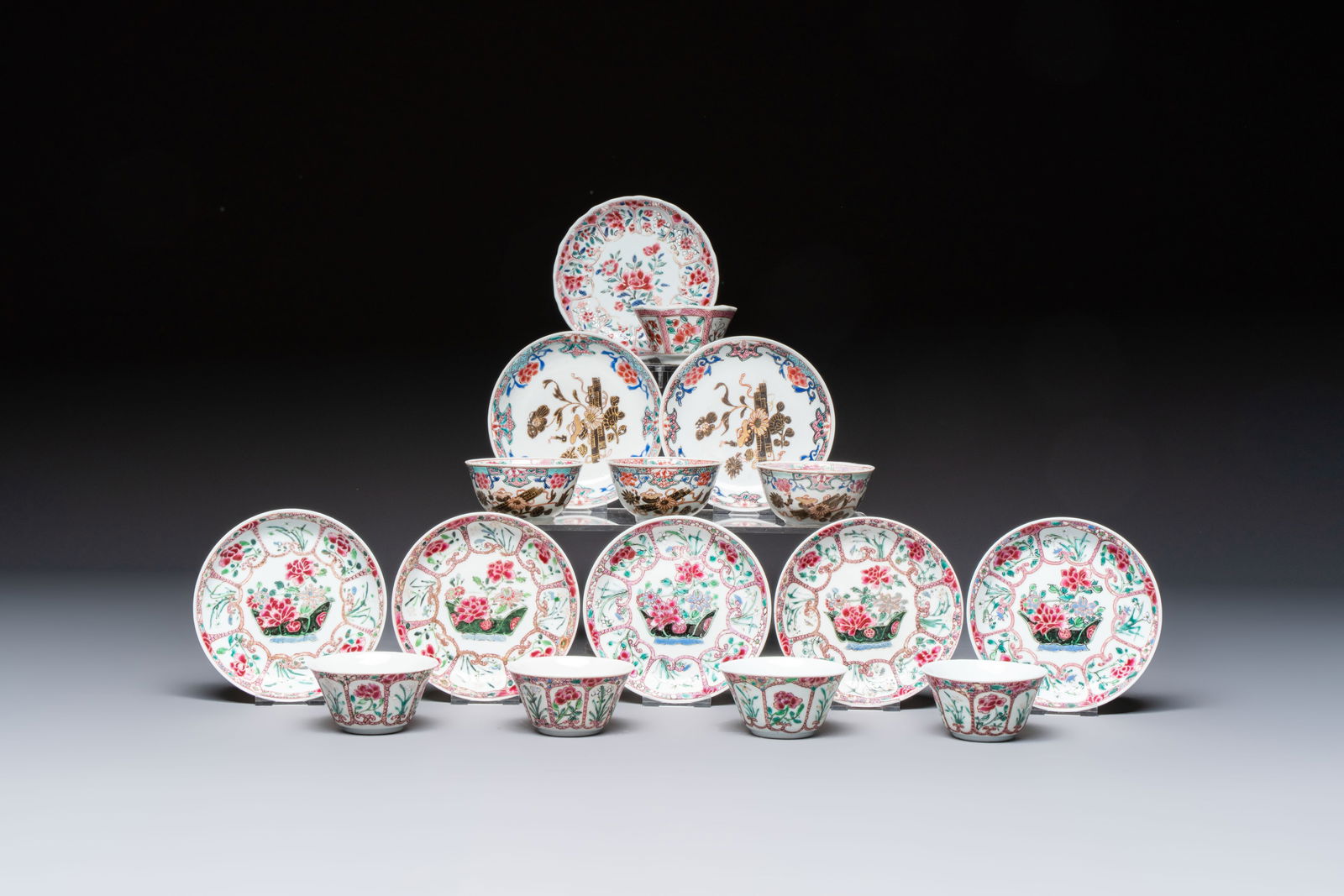Eight sets of Chinese famille rose cups and eight saucers, Yongzheng/Qianlong (1 of 5)