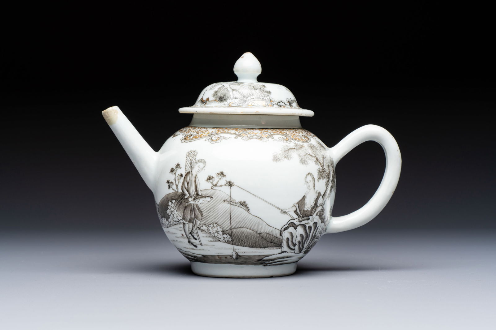 A Chinese export grisaille and gilt-decorated 'European Subject' teapot and cover, Qianlong (1 of 8)