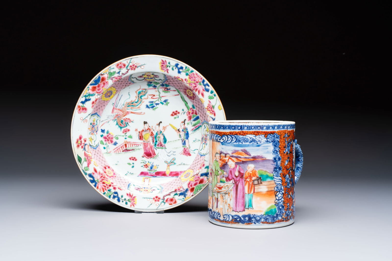 A Chinese famille rose 'Chui Xiang Yin Feng' plate and a Canton famille rose tankard with figural (1 of 9)
