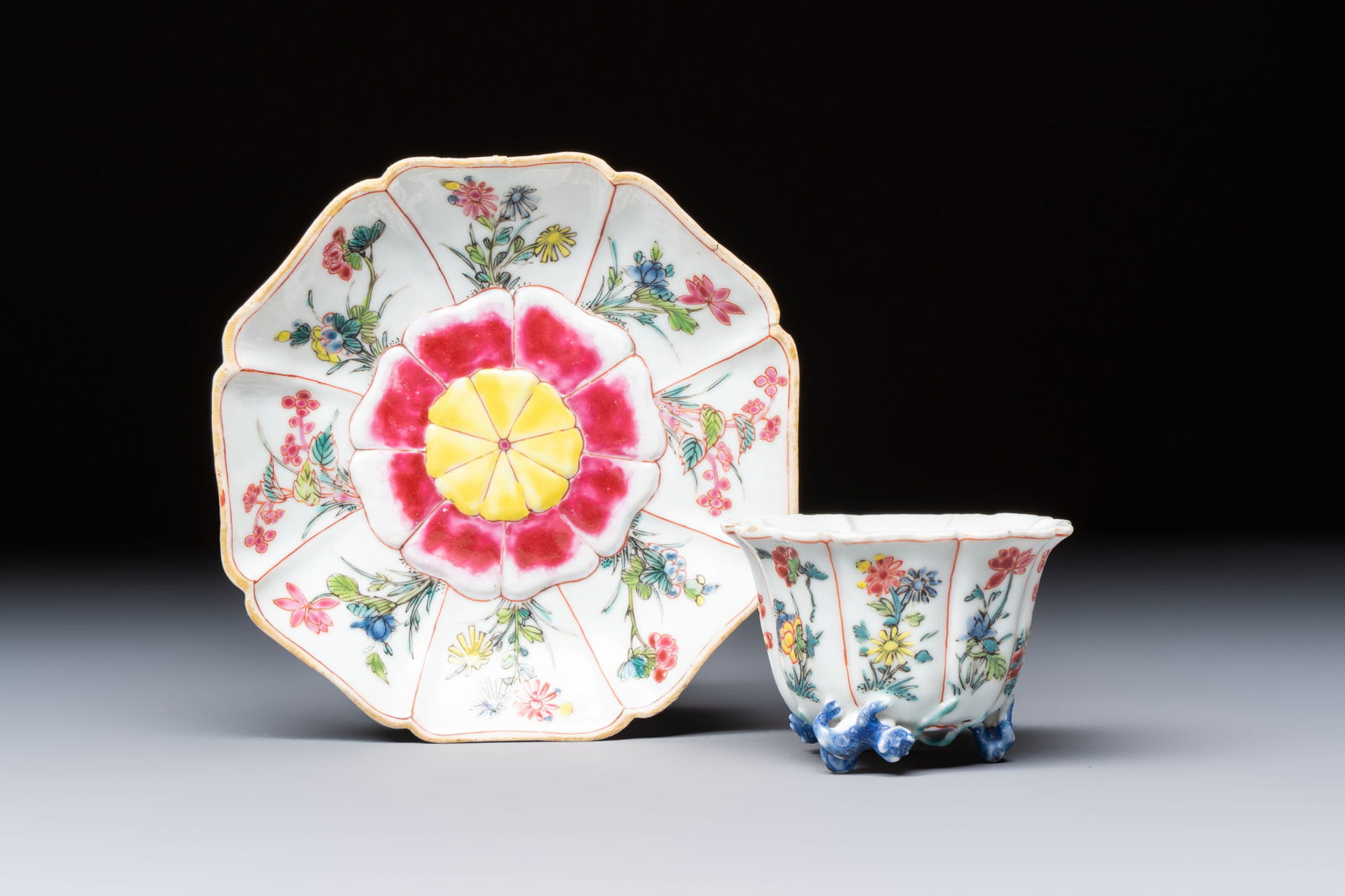 A rare Chinese famille rose moulded cup and saucer with floral design, Yongzheng (1 of 9)