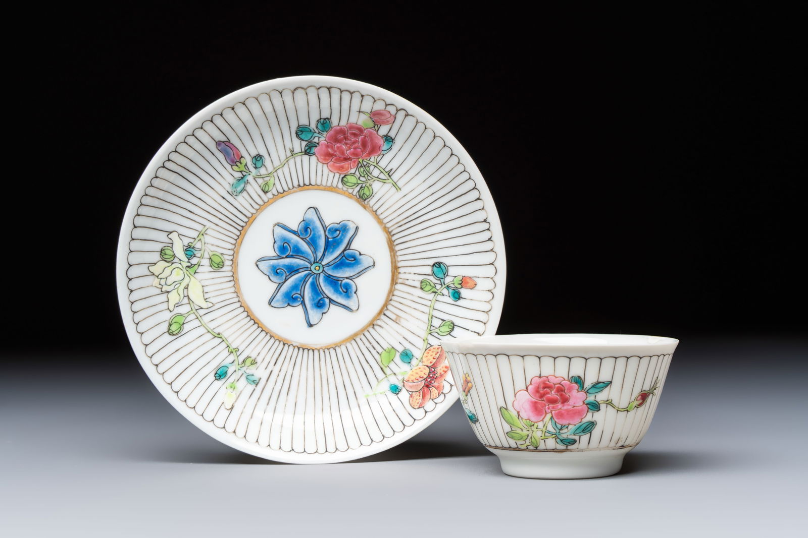 A Chinese famille rose cup and saucer with floral design, Yongzheng (1 of 9)