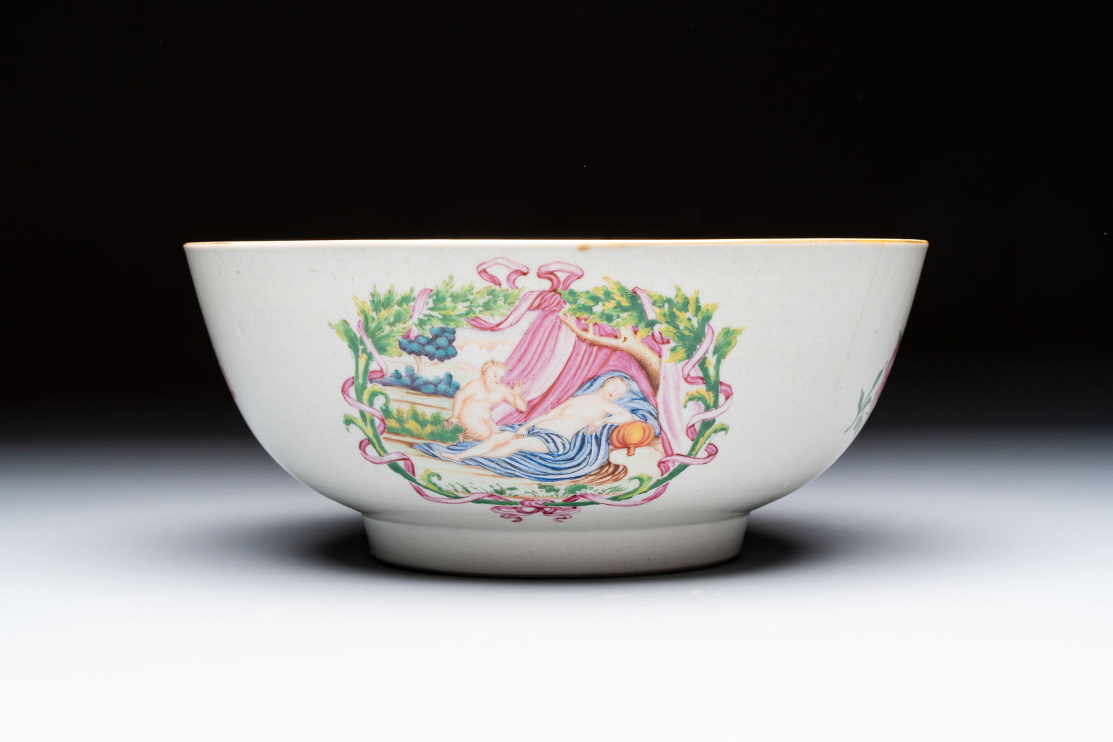 A rare Chinese famille rose 'Jupiter and Semele' mythological subject punch bowl, Qianlong (1 of 7)