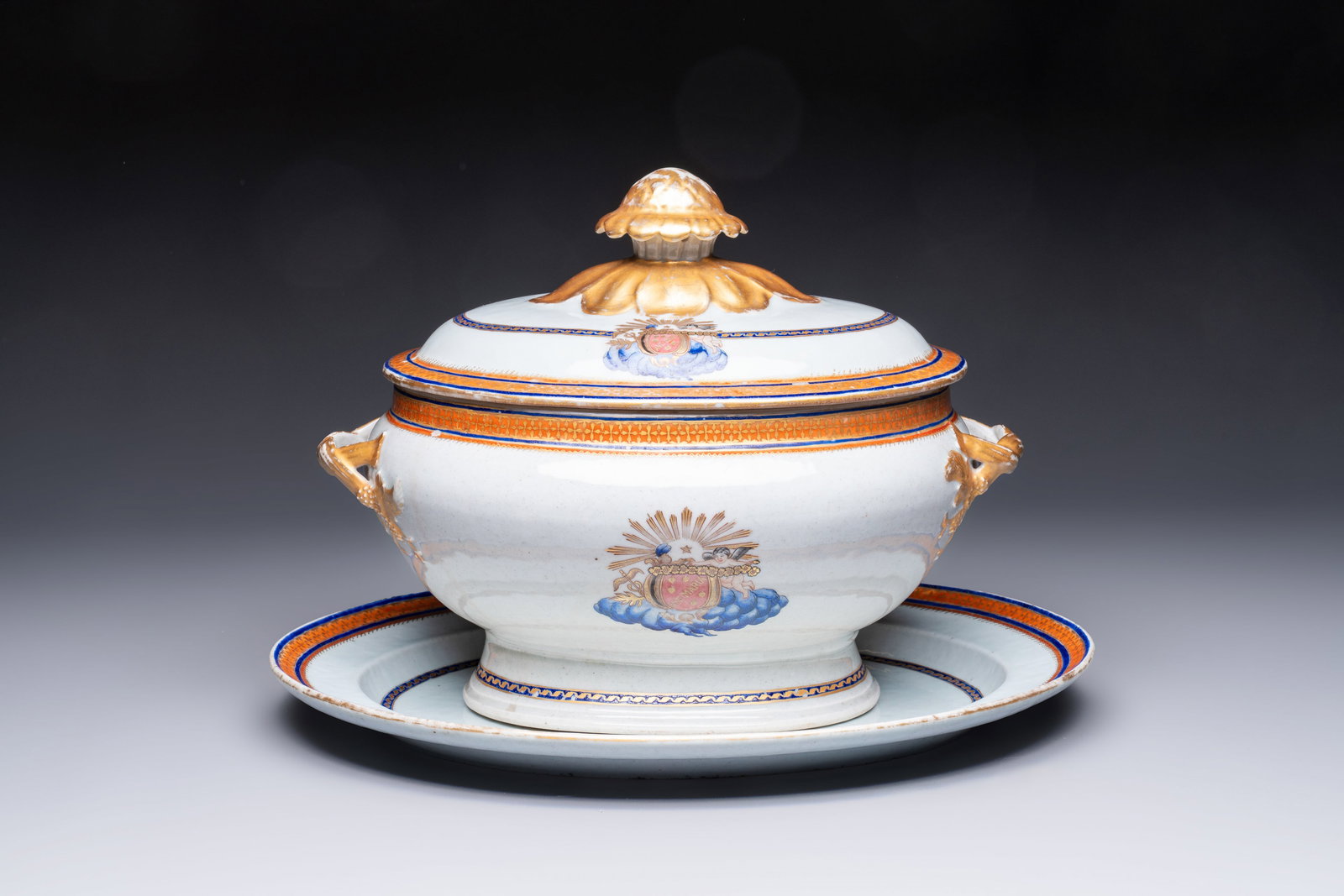 A Chinese export blue-and-orange-enamelled gilt-decorated covered tureen and stand with a Catholic (1 of 9)