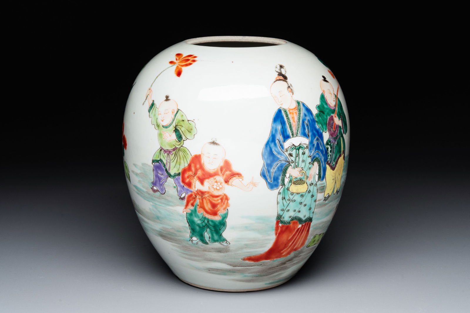 A Chinese famille rose 'Ladies and Boys' jar, Yongzheng/Qianlong (1 of 8)
