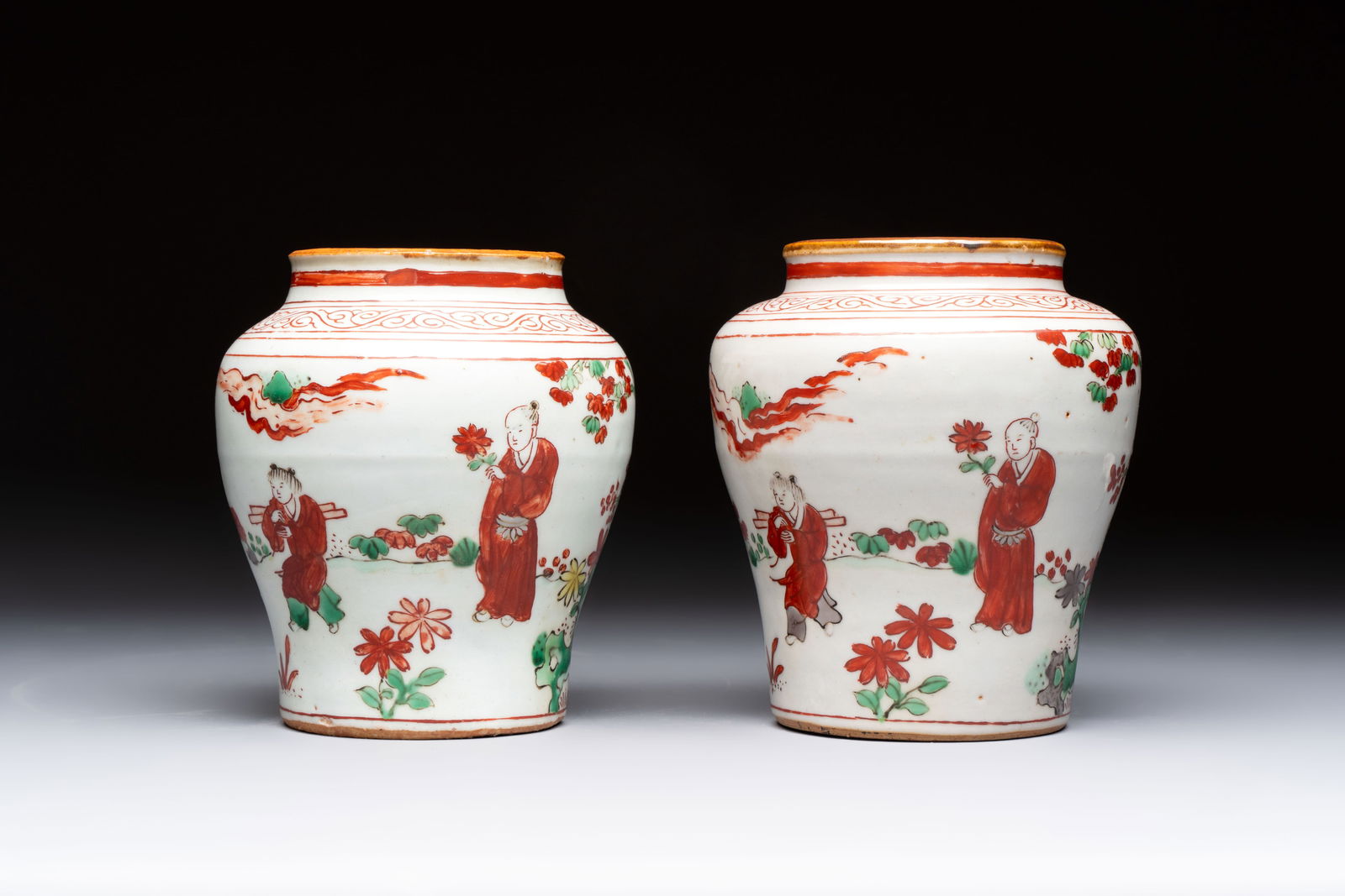 A pair of small Chinese wucai jars with sages in a landscape, Transitional period (1 of 6)