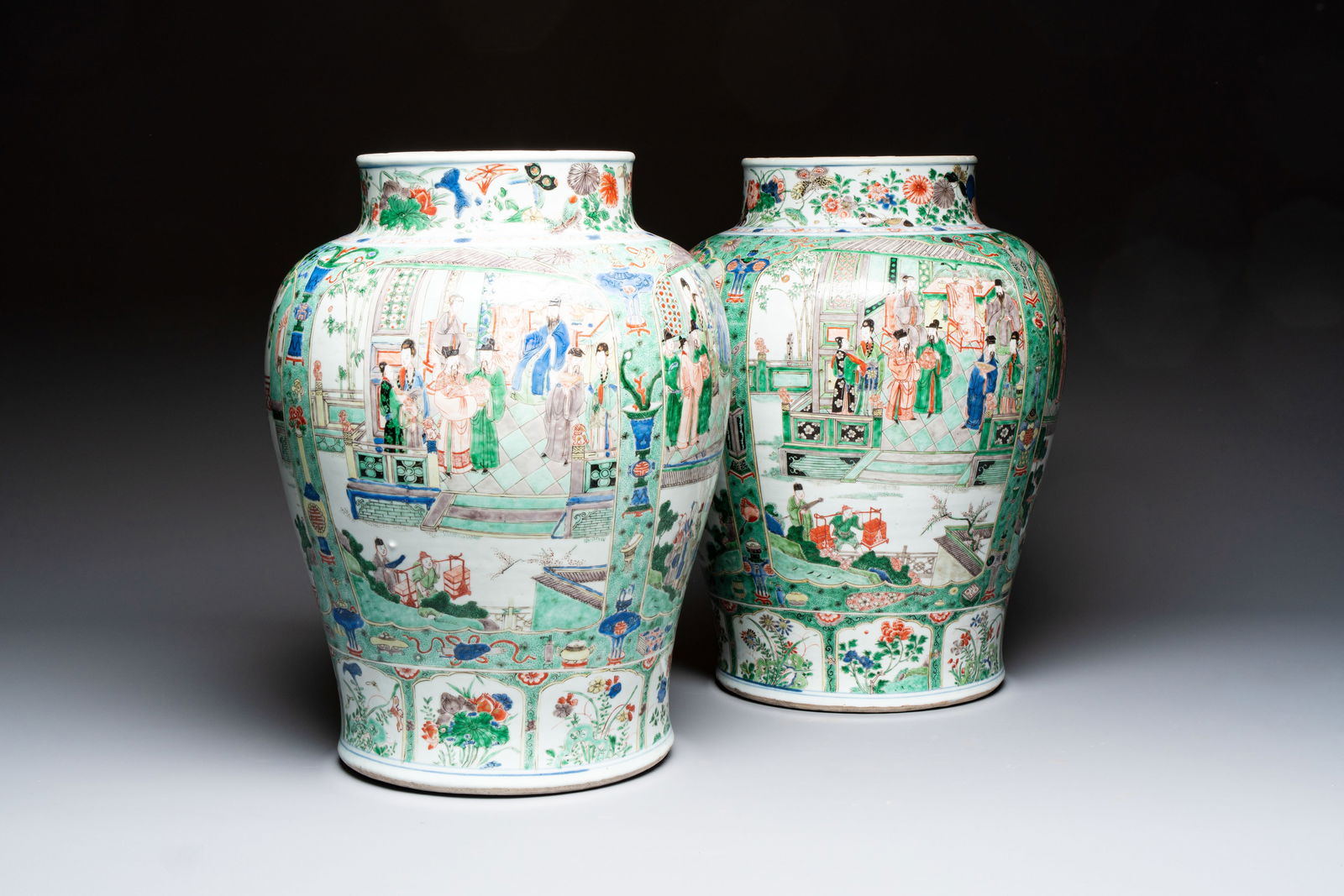 A pair of large Chinese famille verte 'Birthday Celebration of Guo Ziyi' baluster vases, Kangxi (1 of 7)