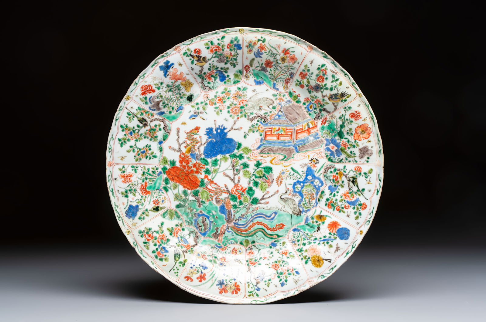 A large Chinese famille verte 'Pavilion with Birds among Flowering Branches' dish , Kangxi (1 of 2)