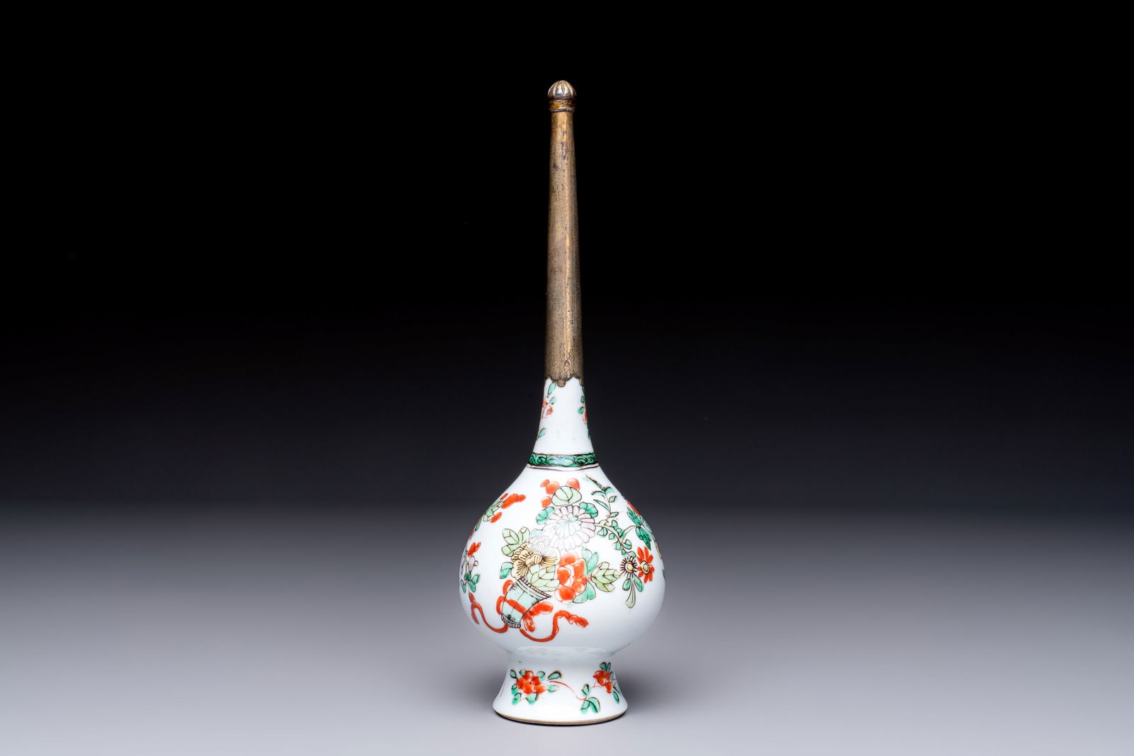 A gilt-bronze-mounted Chinese famille verte rosewater sprinkler for the Islamic market, Kangxi: A gilt-bronze-mounted Chinese famille verte rosewater sprinkler for the Islamic market, Kangxi H.: 26,2 cm