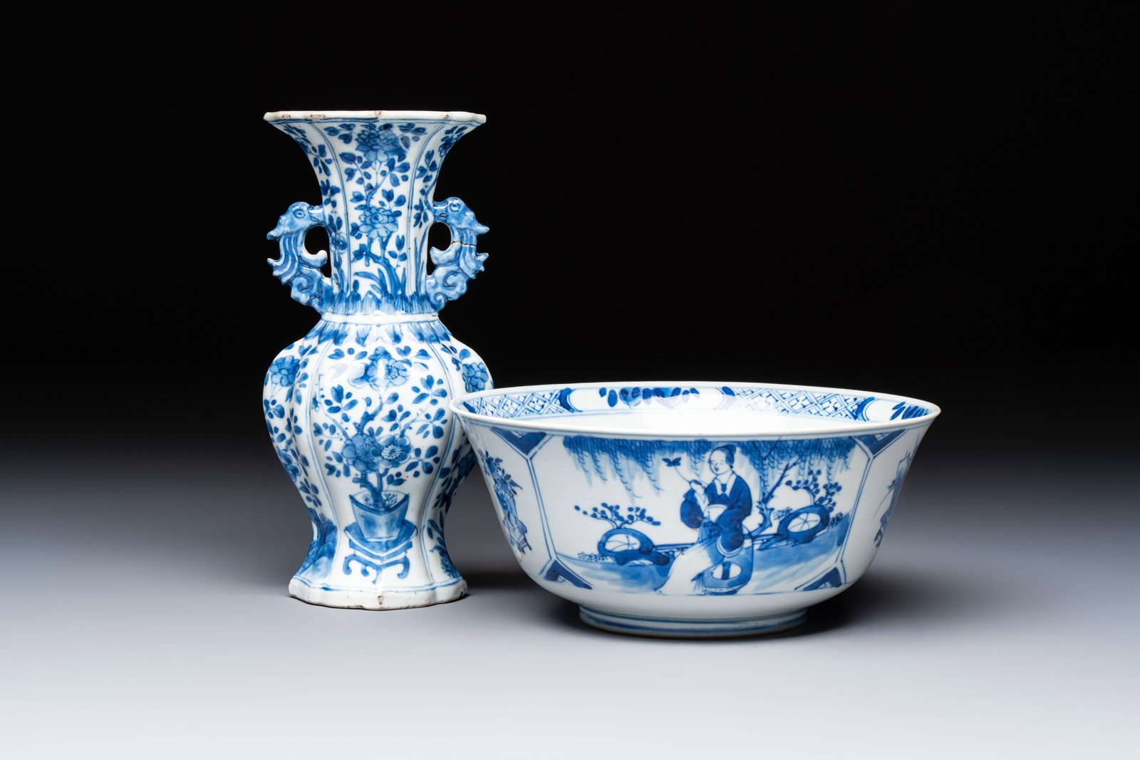 A Chinese blue and white vase with handles and a bowl, Kangxi mark, Kangxi and later (1 of 13)