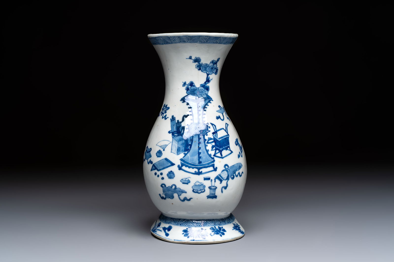 A Chinese blue and white 'Antiquities' wall vase, Kangxi (1 of 6)