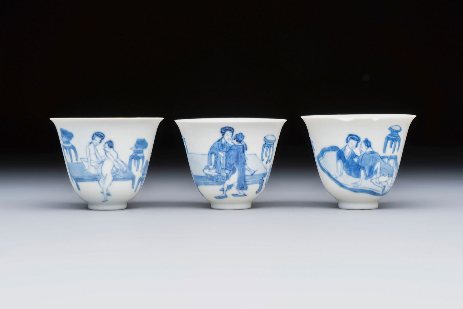 Three Chinese blue and white 'Erotic' wine cups, Yan Shui Yu Shi Zhi Zhen and Chenghua mark, Kangxi (1 of 6)