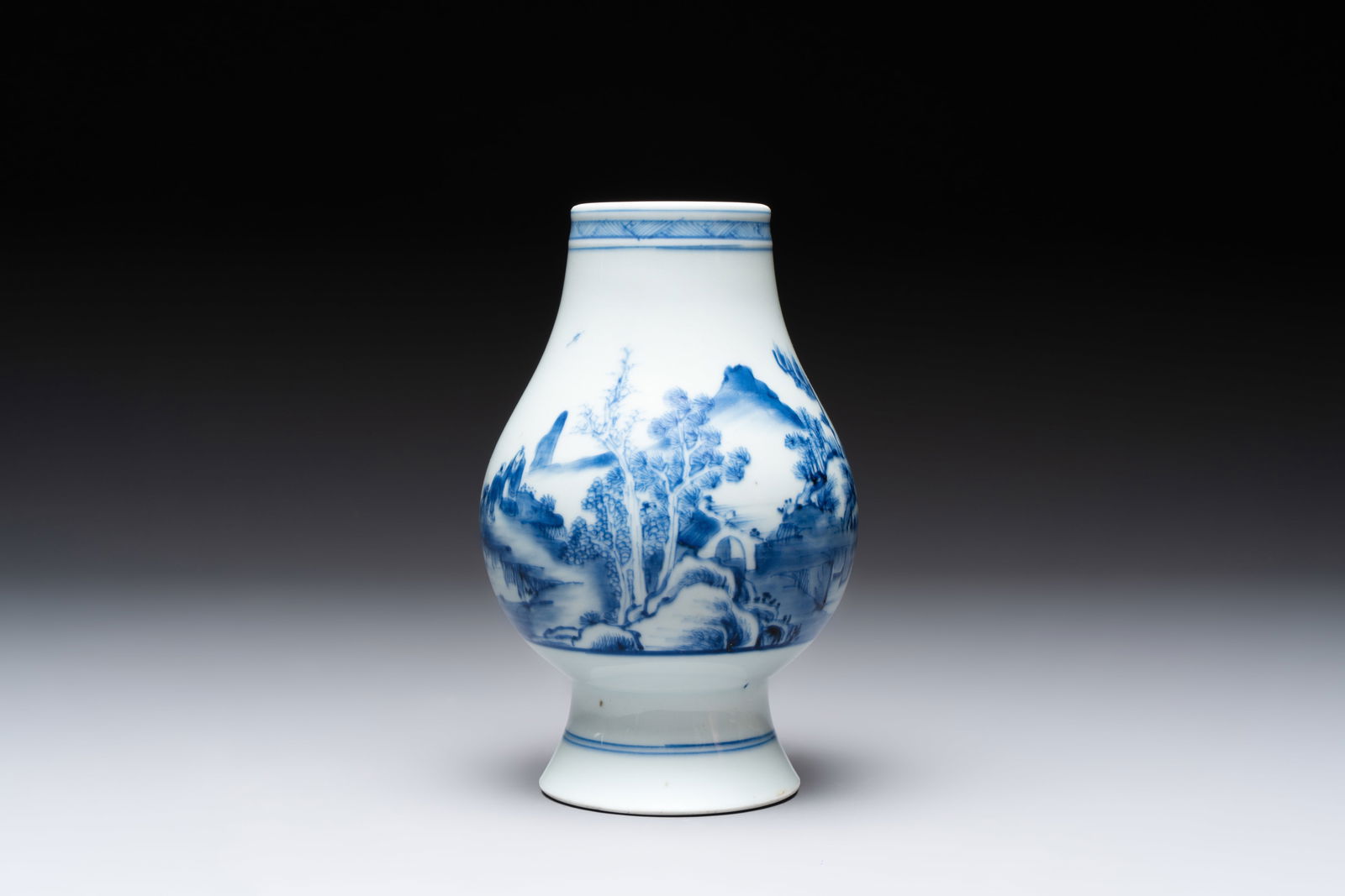 A Chinese blue and white 'Scholars in a Landscape' vase, Yongzheng mark and of the period: A Chinese blue and white 'Scholars in a Landscape' vase, Yongzheng mark and of the period H.: 18 cm