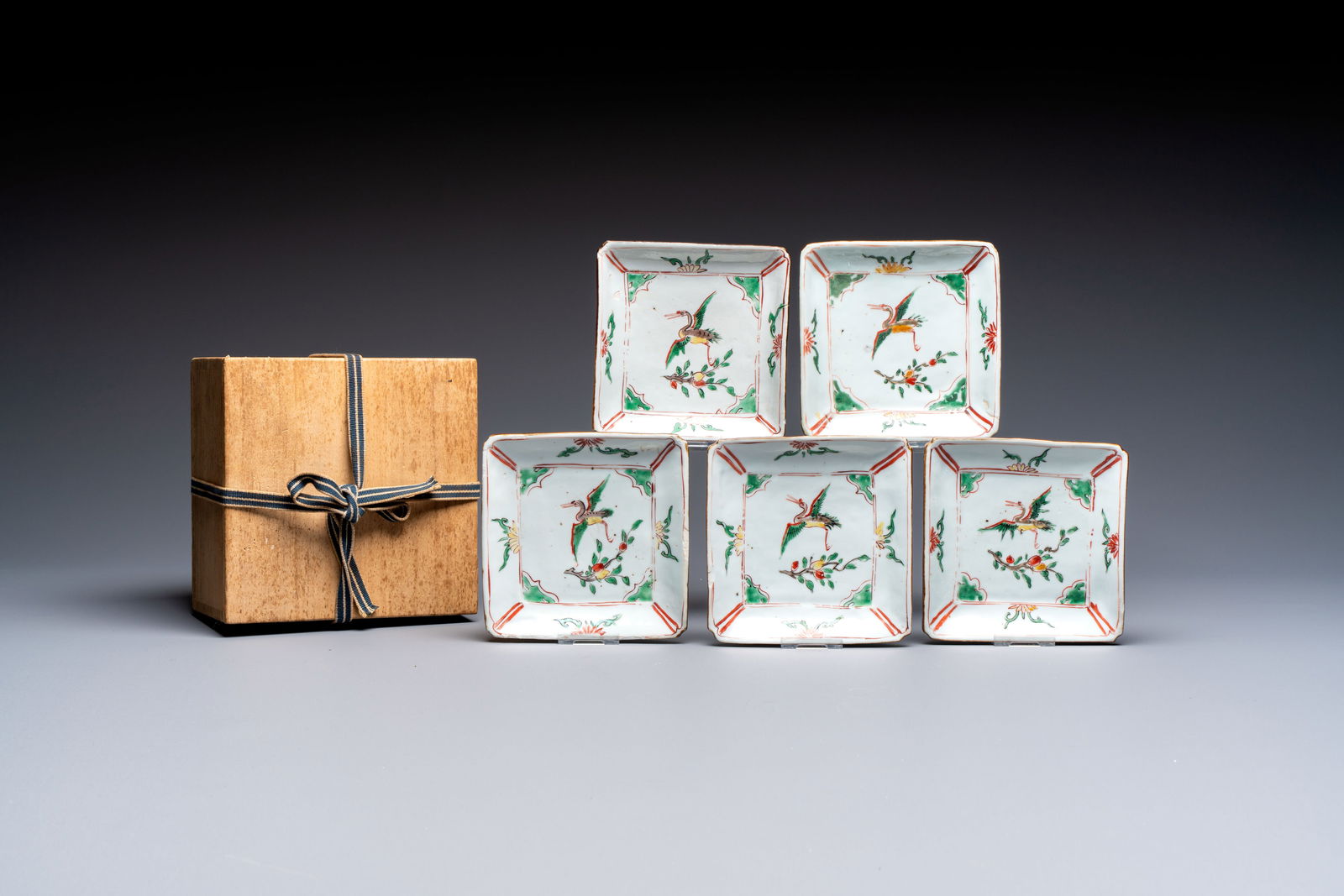 A set of five Chinese wucai Ko-Sometsuke square 'Crane' dishes for the Japanese market, with a (1 of 7)