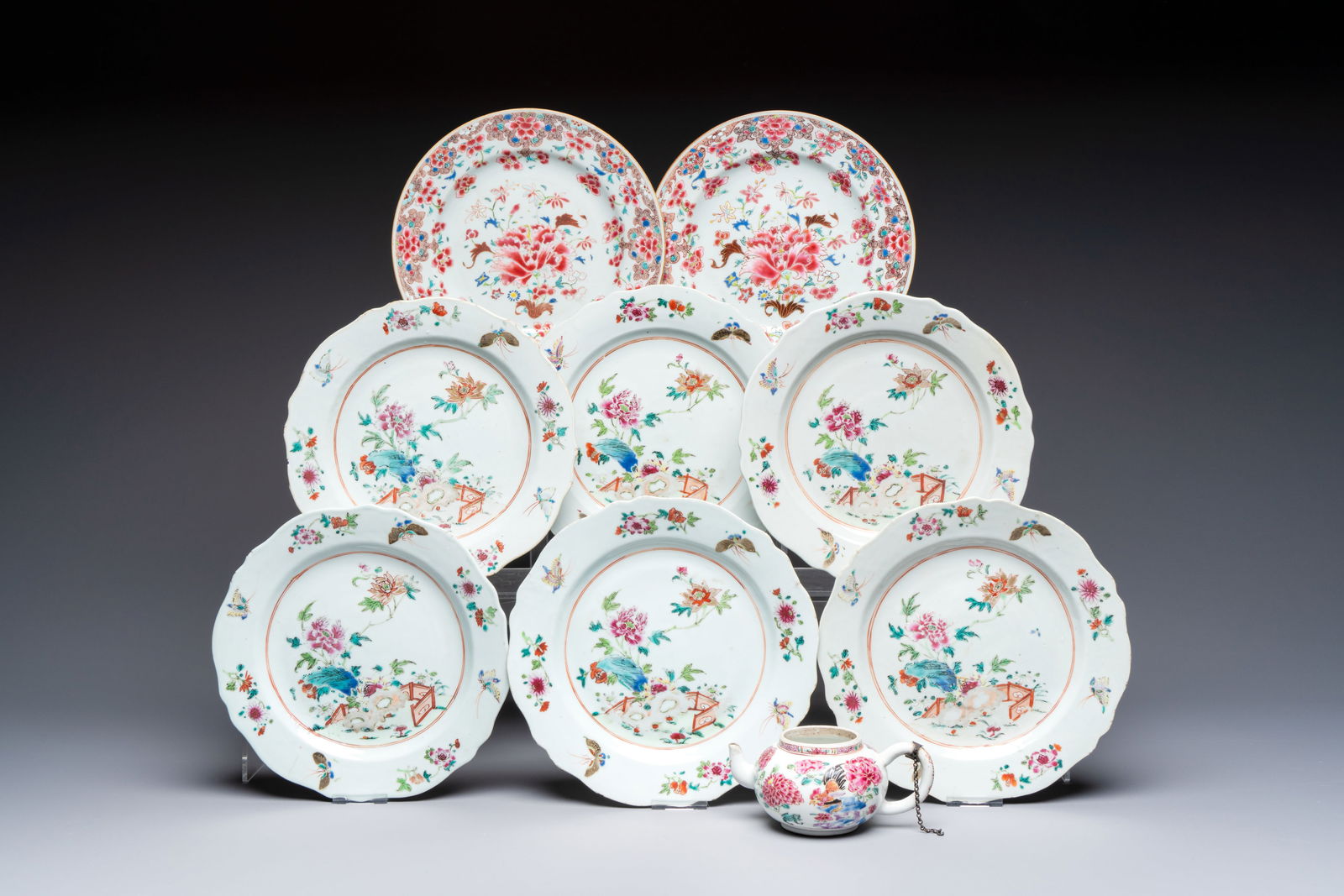 Eight Chinese famille rose plates with floral design and a 'Rooster' teapot, Yongzheng/Qianlong (1 of 13)