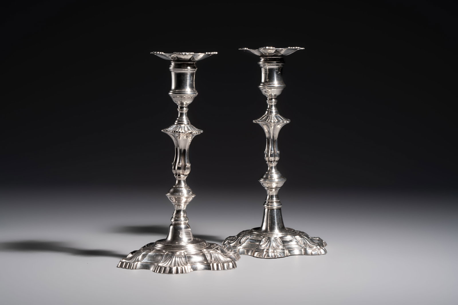 Two English silver candlesticks, William Cafe, London, dated 1751 and 1774 (1 of 16)