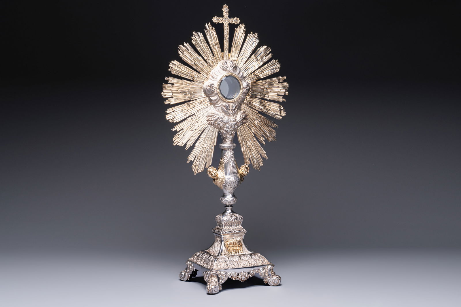 An imposing French parcel-gilt silver sunburst monstrance made for the Tourcoing church St-Éloi, (1 of 15)