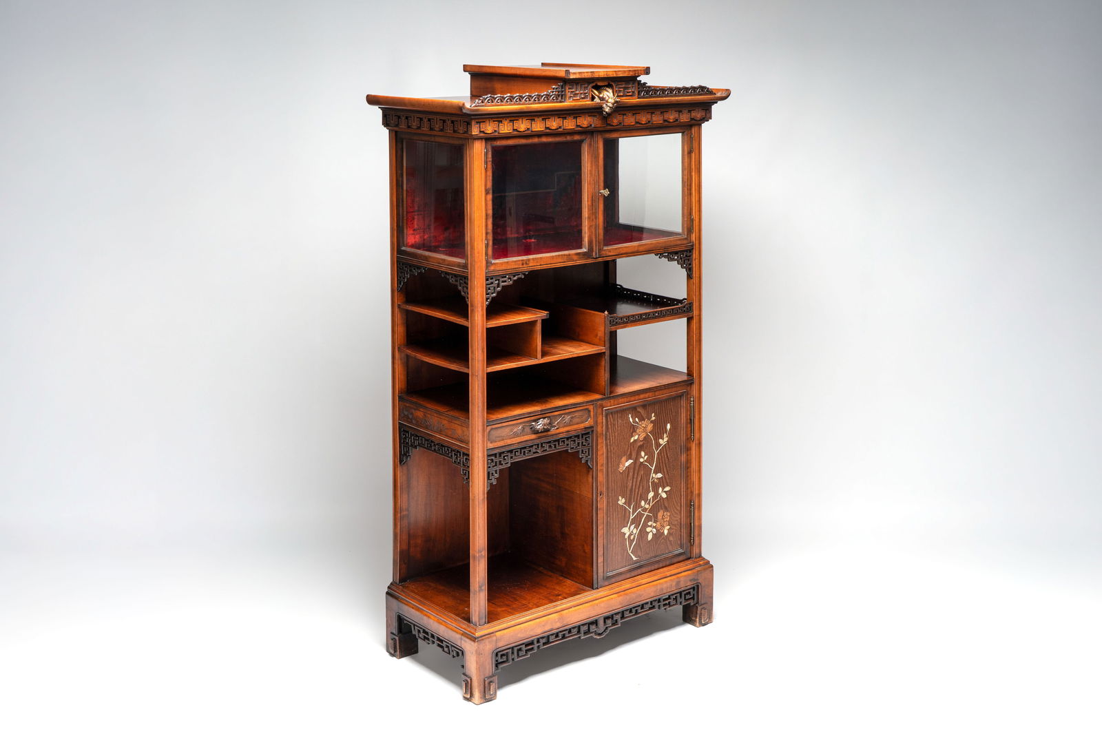 Gabriel Viardot (1830-1906): A wooden Japonism display cabinet with mother-of-pearl and bone inlay, (1 of 15)
