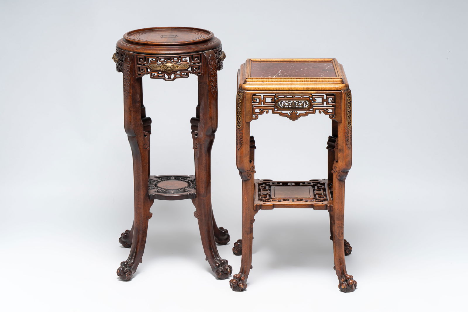 Gabriel Viardot (1830-1906): a gilt-bronze-mounted marble-topped Japonism wooden stand, marked, and: Gabriel Viardot (1830-1906): a gilt-bronze-mounted marble-topped Japonism wooden stand, marked, and one stand attributed to Viardot, France, ca. 1900 H.: 85,5 cm (the tallest) H.: 75 cm (the smallest)