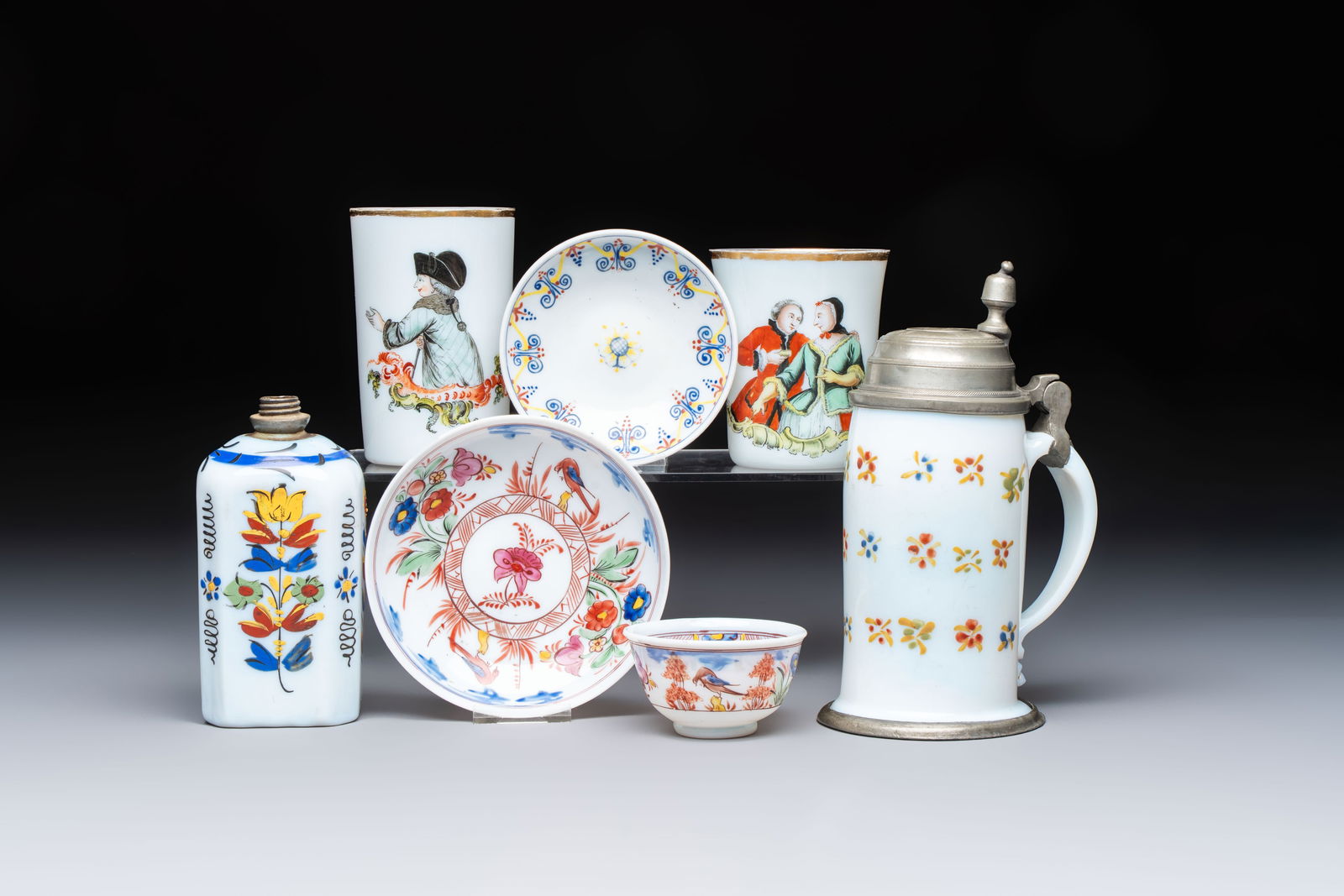 A group of seven Bohemian enamelled 'Milchglas' or milk glass wares, 18/19th C. (1 of 13)
