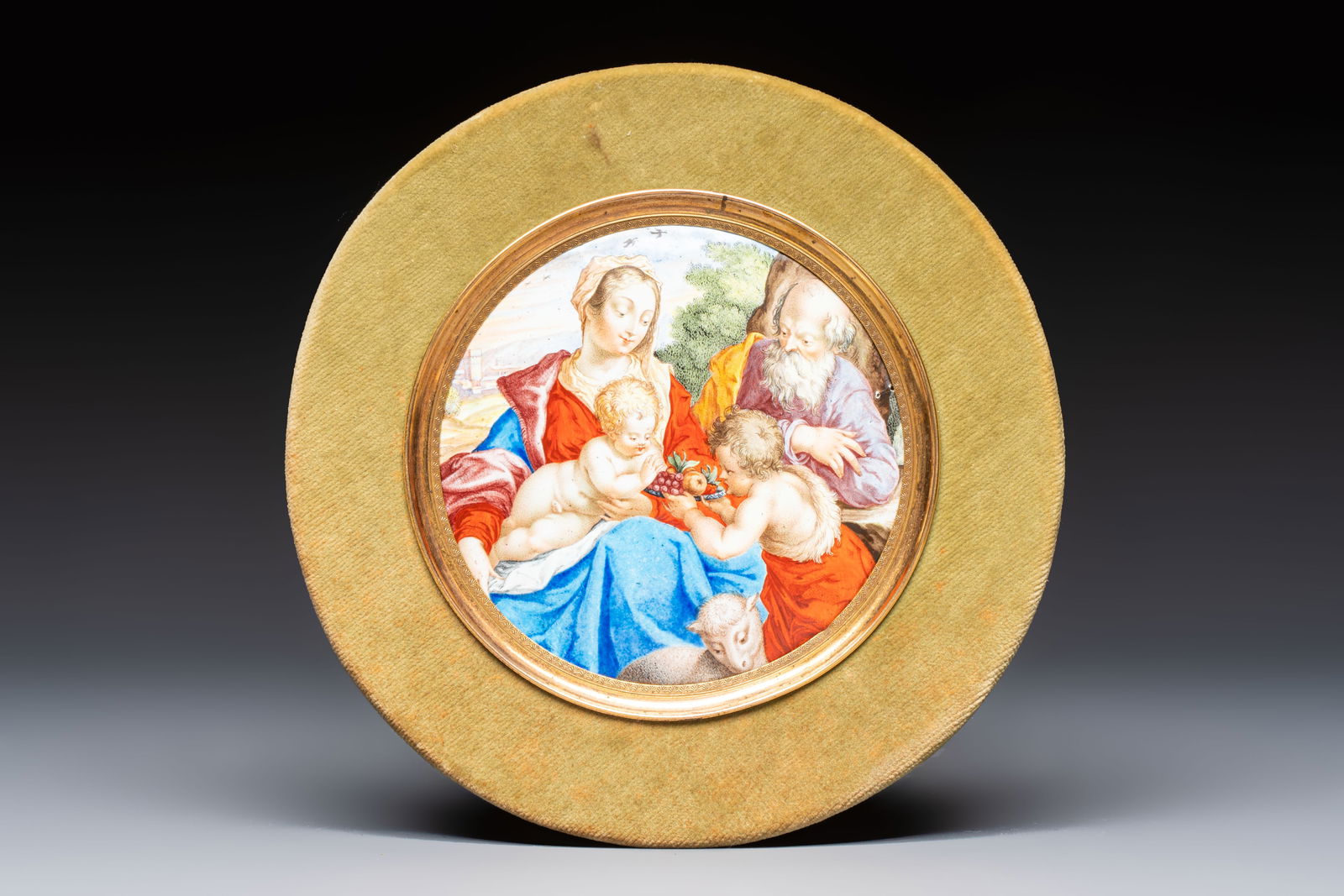A fine circular 'Madonna and Child with the Infant St. John' enamel plaque after Sadeler, probably (1 of 3)