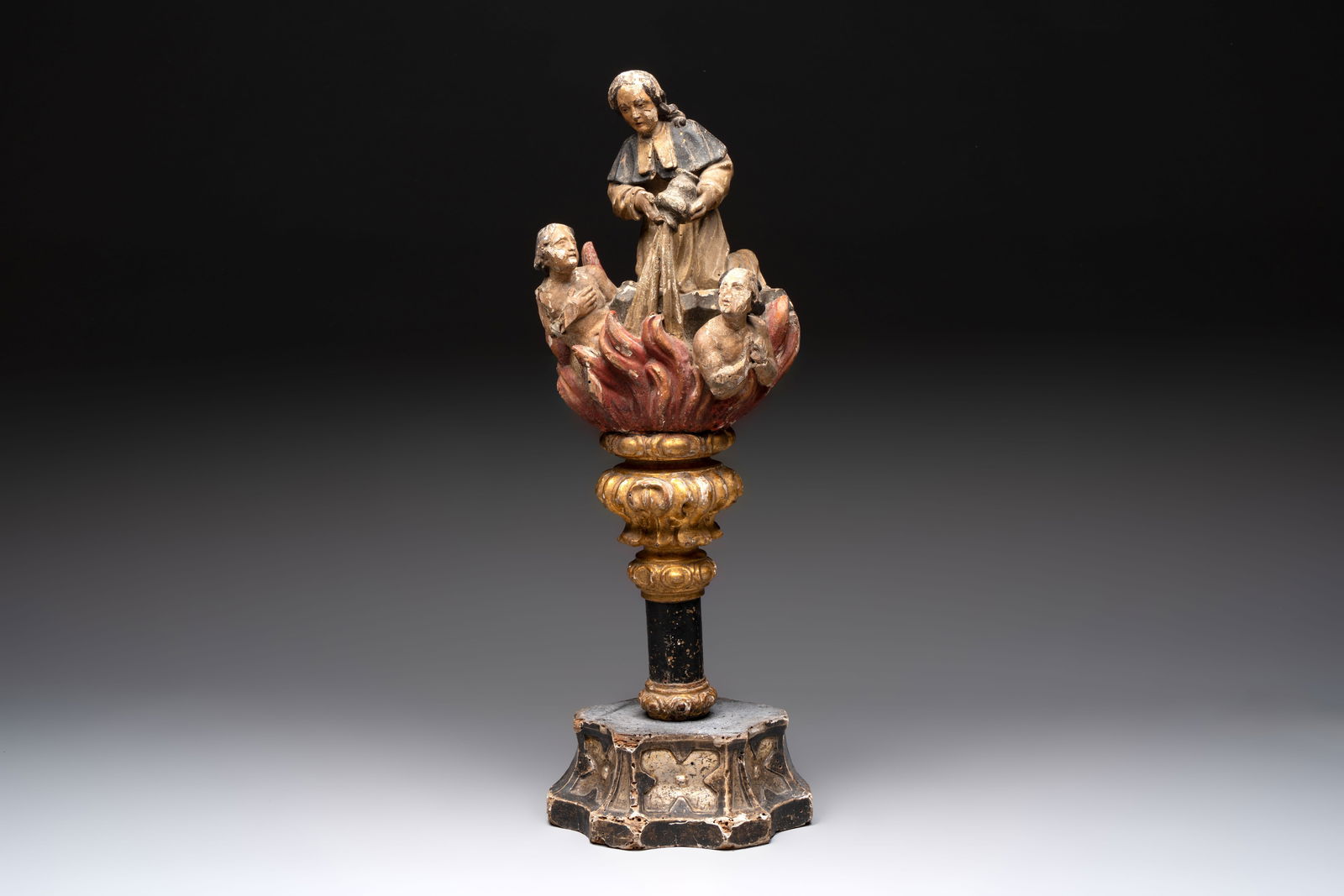 A polychrome wooden processional sculpture depicting purgatory, Germany, 17/18th C. (1 of 6)