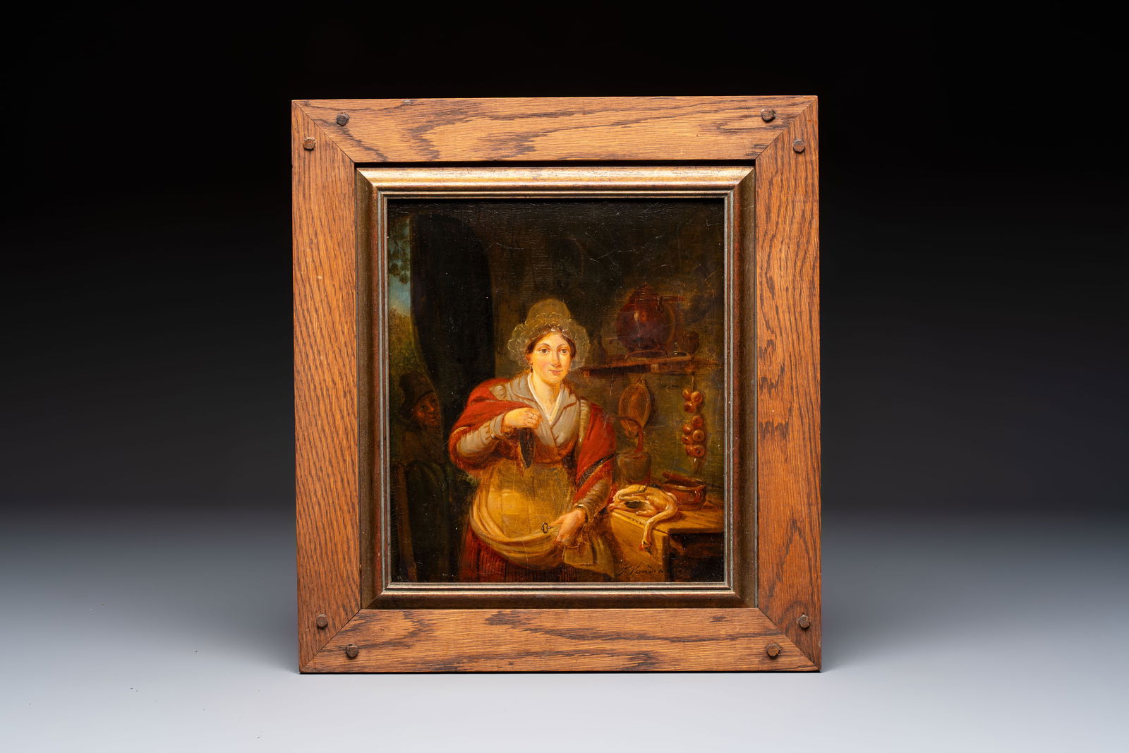 Jean Baptiste Van Eycken (1809-1853) , 'Poultry Vendor in Kitchen', oil on panel, signed, 19th C. (1 of 2)