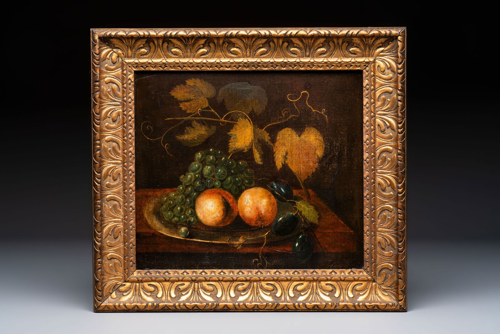 European school: still life with grapes, plums and peaches on a metal dish, oil on canvas, 17th C. (1 of 2)