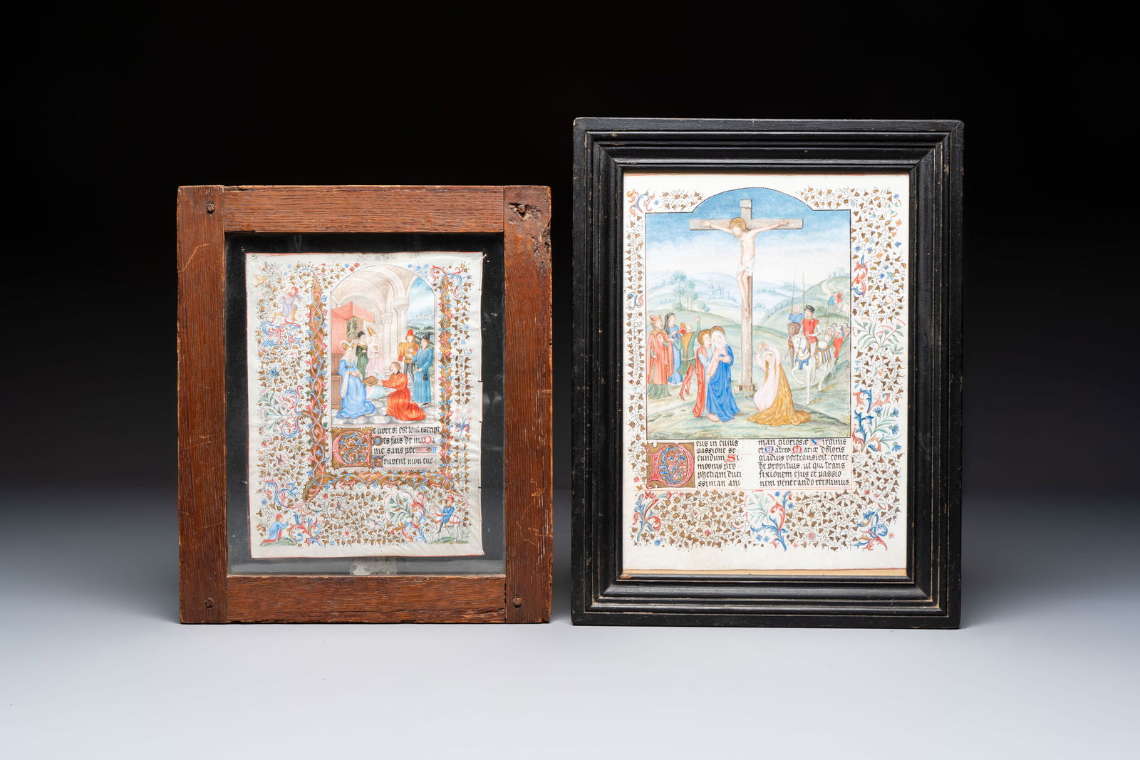 Two framed Flemish miniatures on parchment, one a page from an illuminated book of hours, probably (1 of 2)