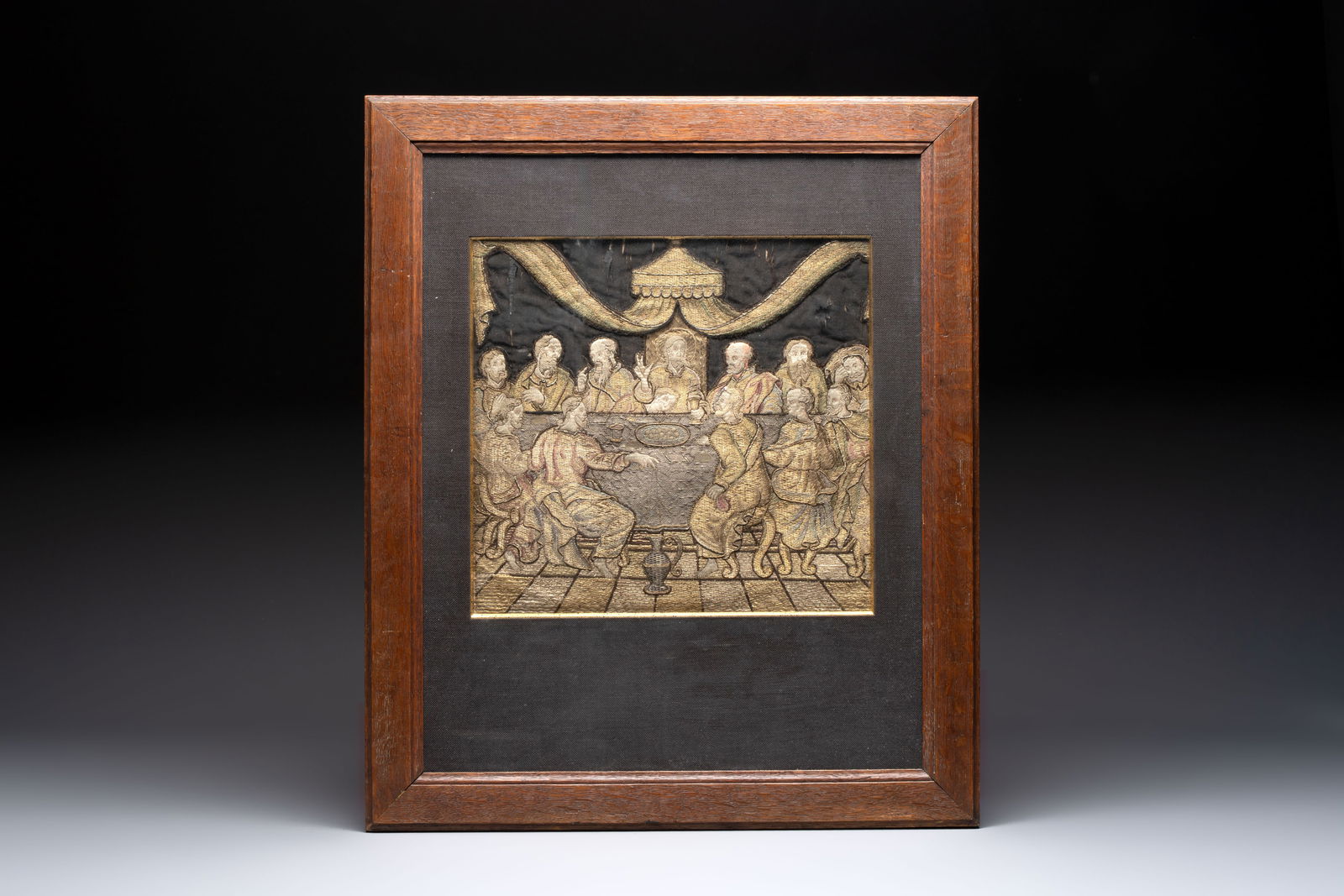 A gilt-brocade silk embroidery depicting the Last Supper, probably France or Spain, 19th C. or (1 of 2)